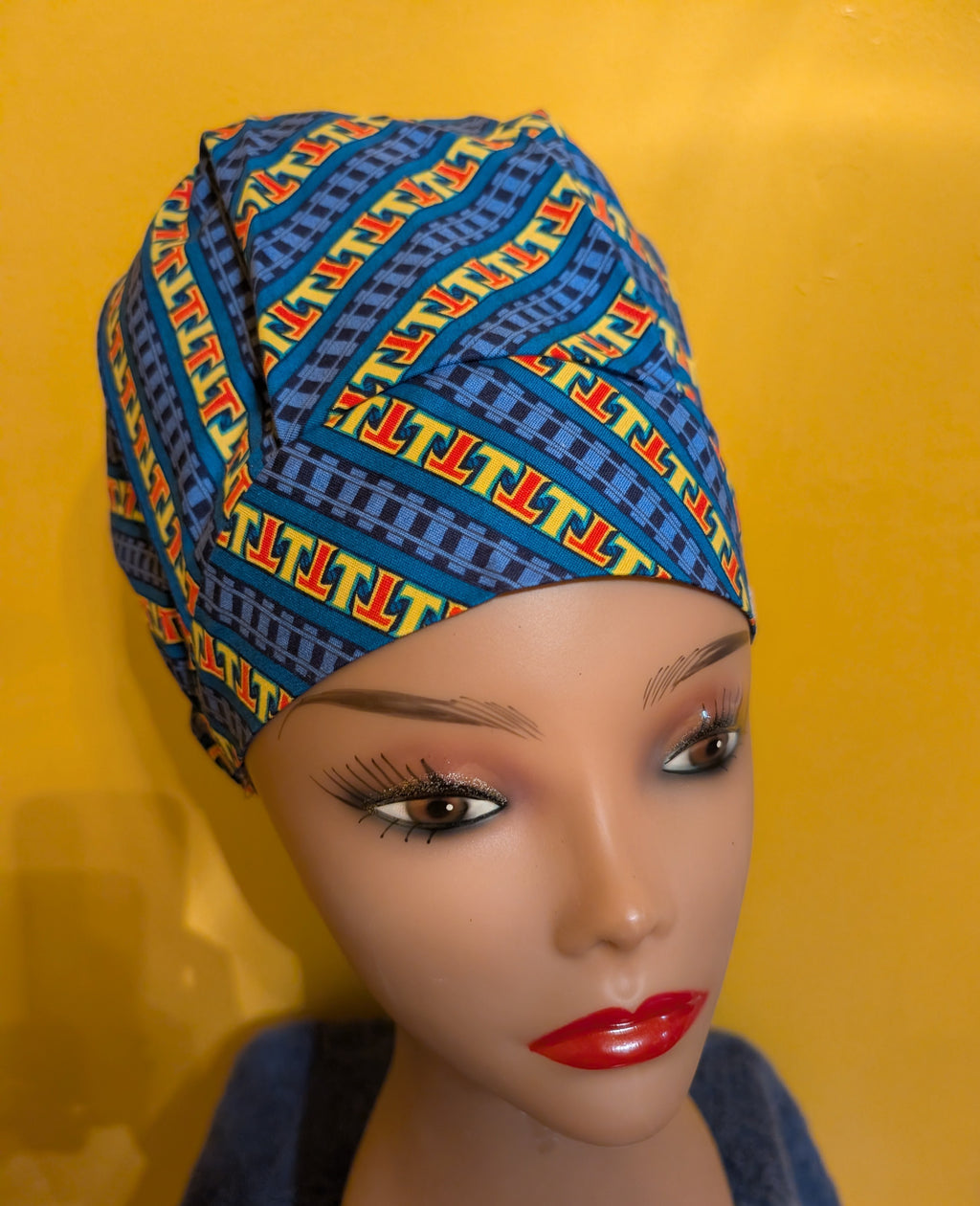 Blue/Yellow Satin Lined Bouffant Style Hat