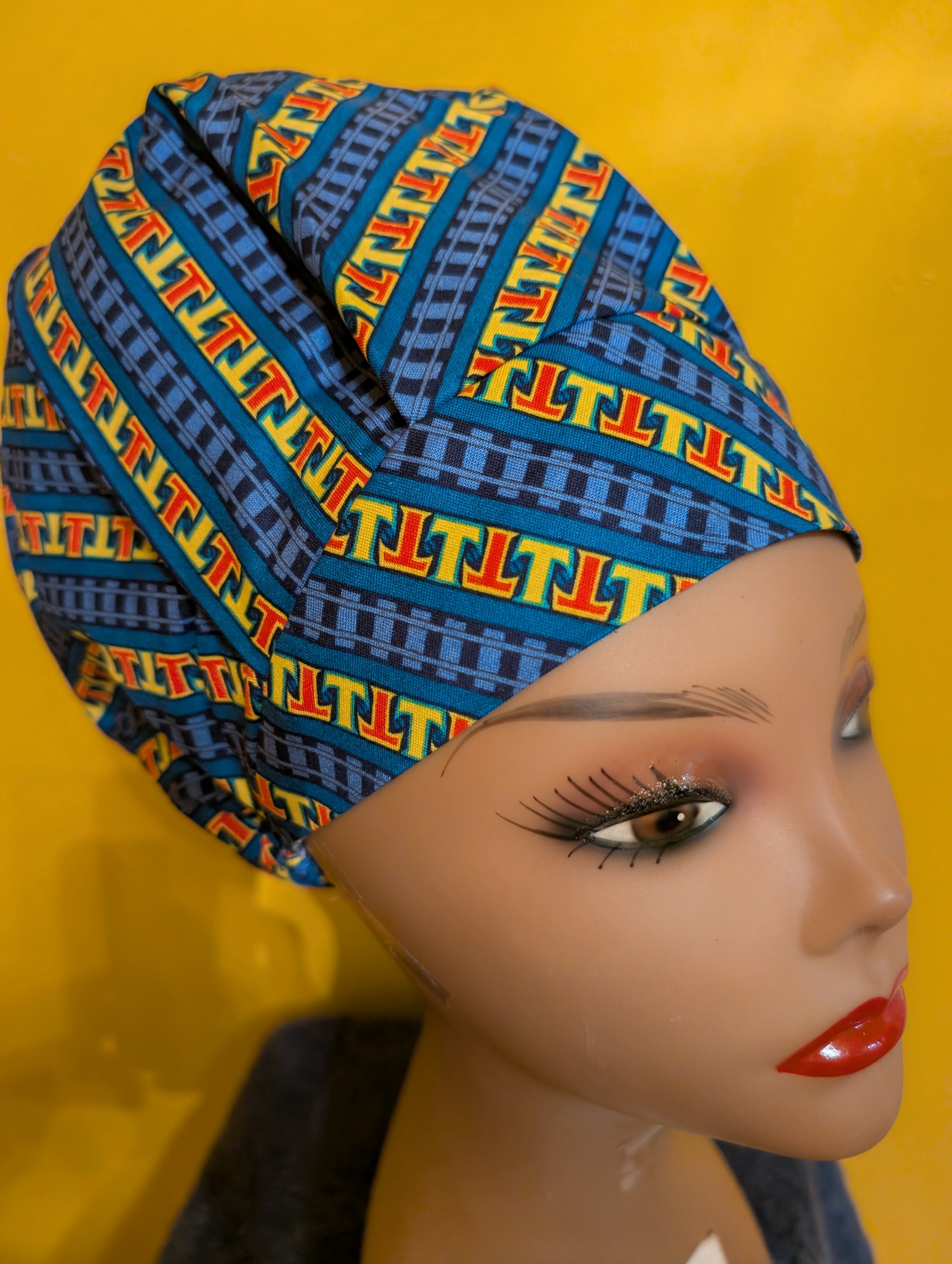Blue/Yellow Satin Lined Bouffant Style Hat