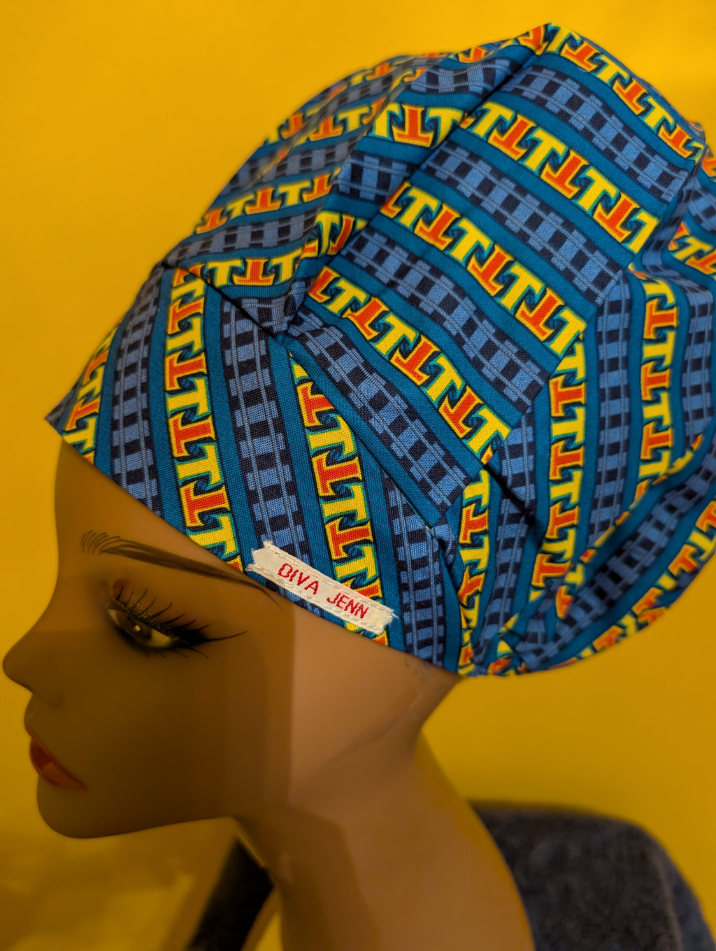 Blue/Yellow Satin Lined Bouffant Style Hat