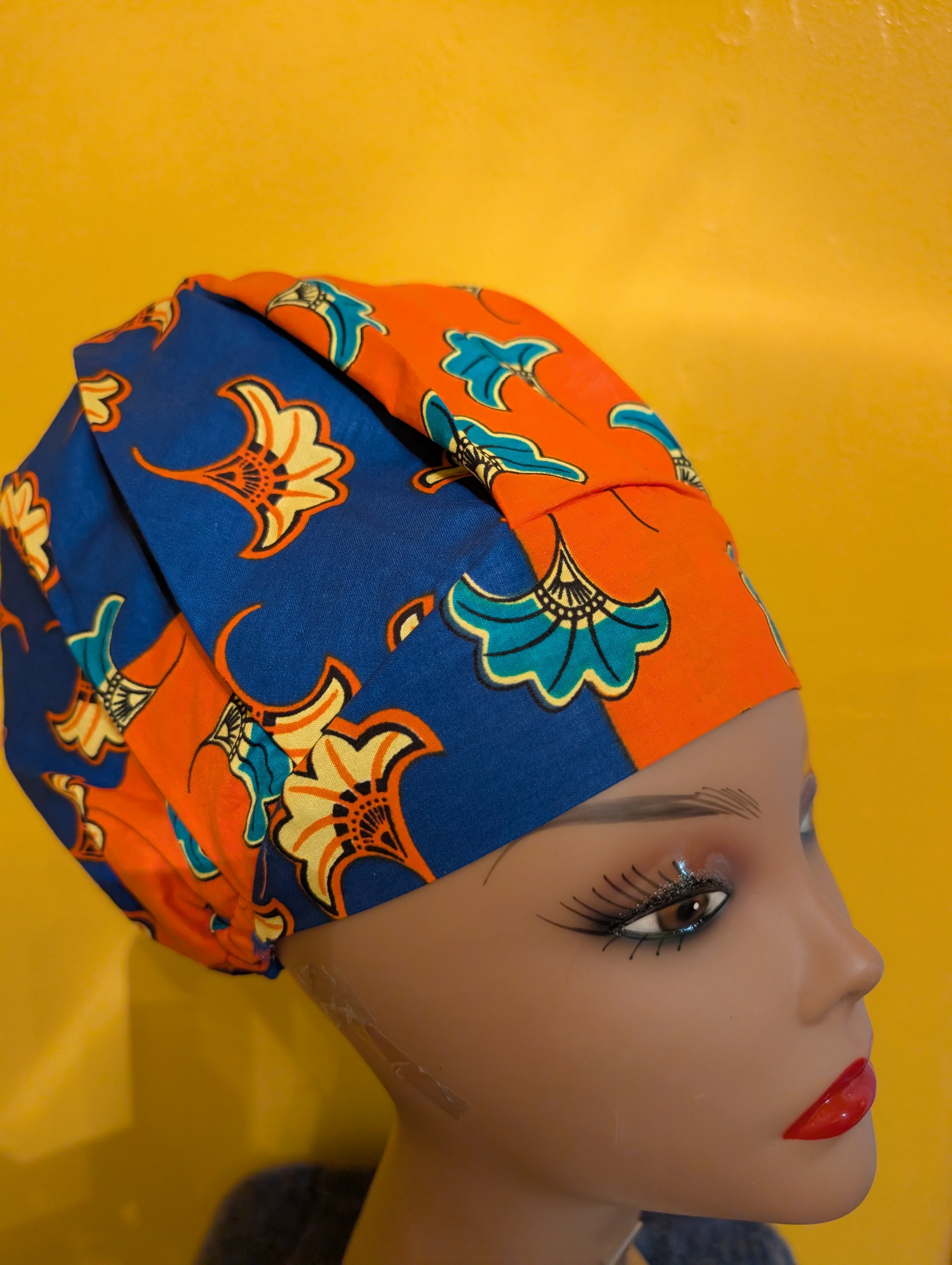 Orange/Blue Satin Lined Bouffant Style Hat