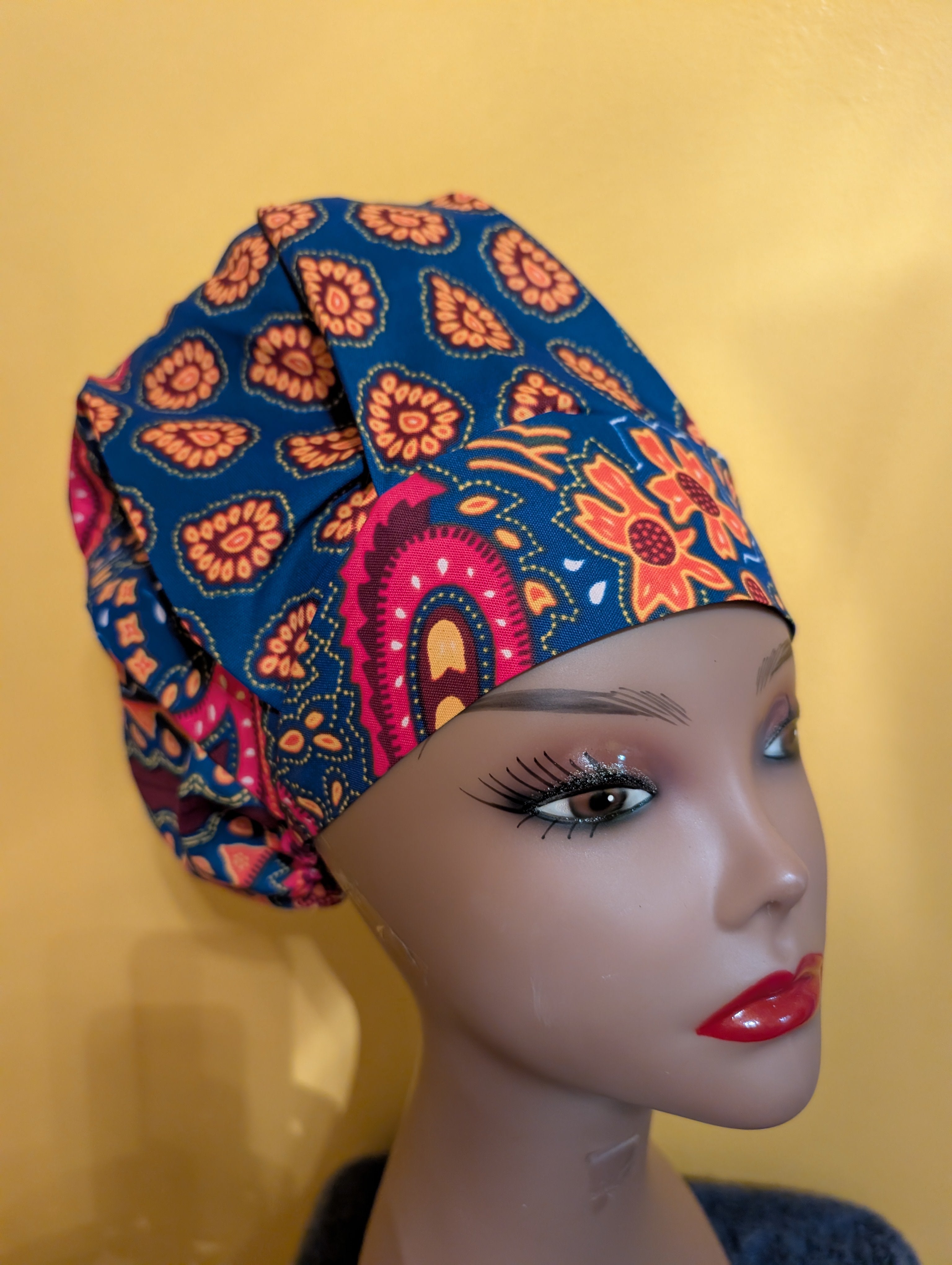 Blue/Orange/Pink Satin Lined Bouffant Style Hat