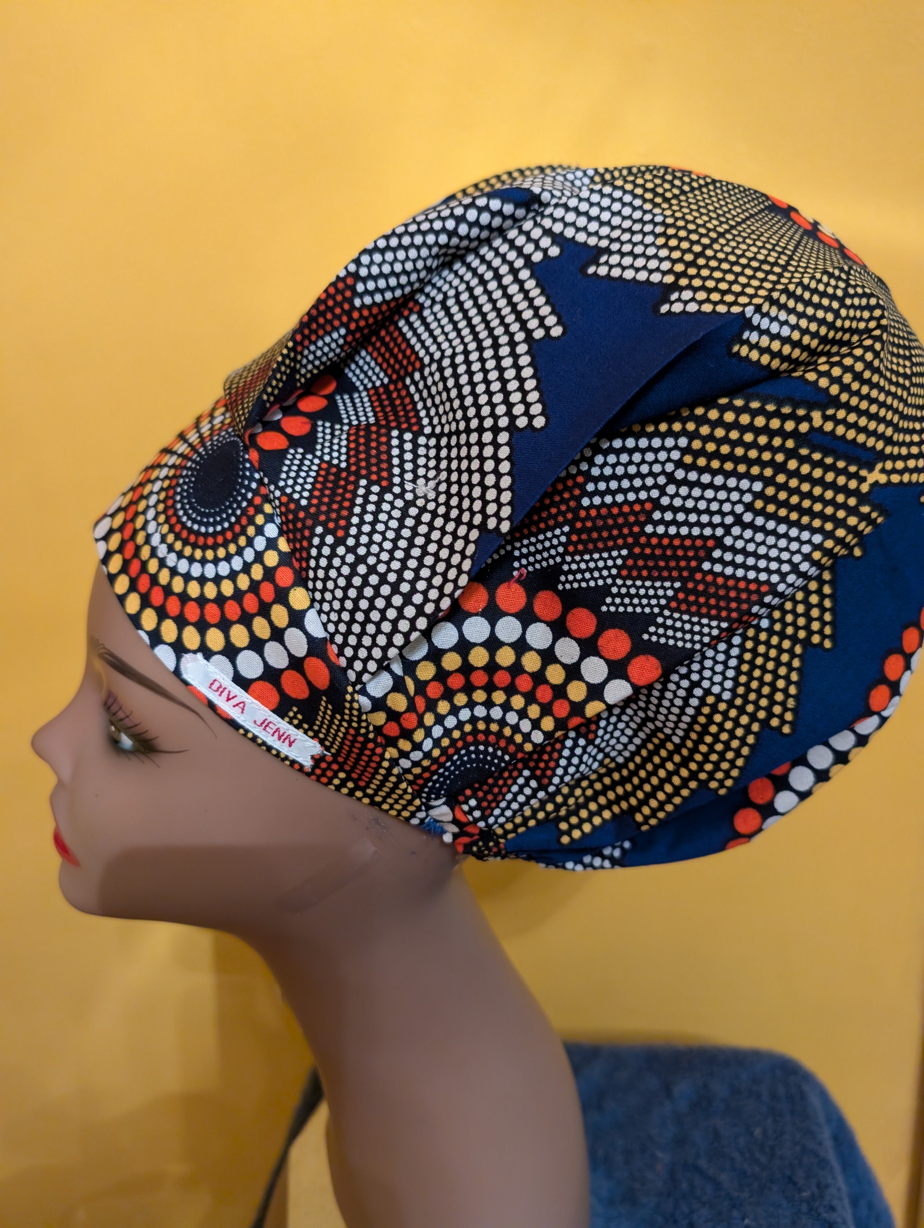 Blue/Yellow/Orange Satin Lined Bouffant Style Hat