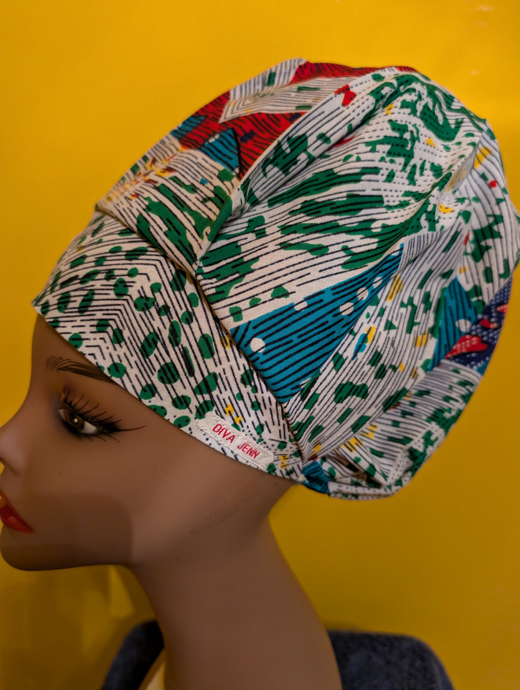 Green/White/Blue Satin Lined Bouffant Style Hat