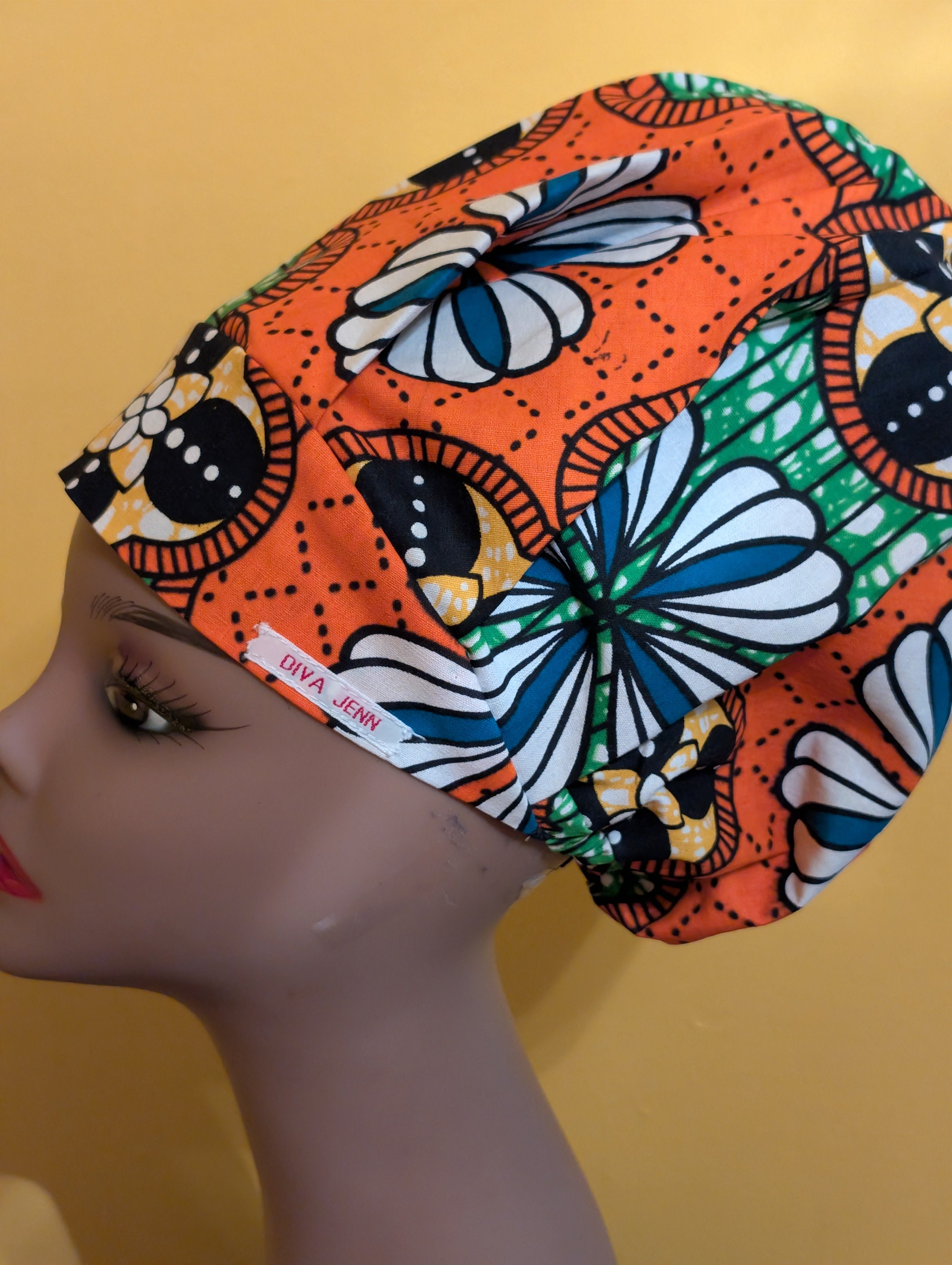 Orange/Blue/White Satin Lined Bouffant Style Hat