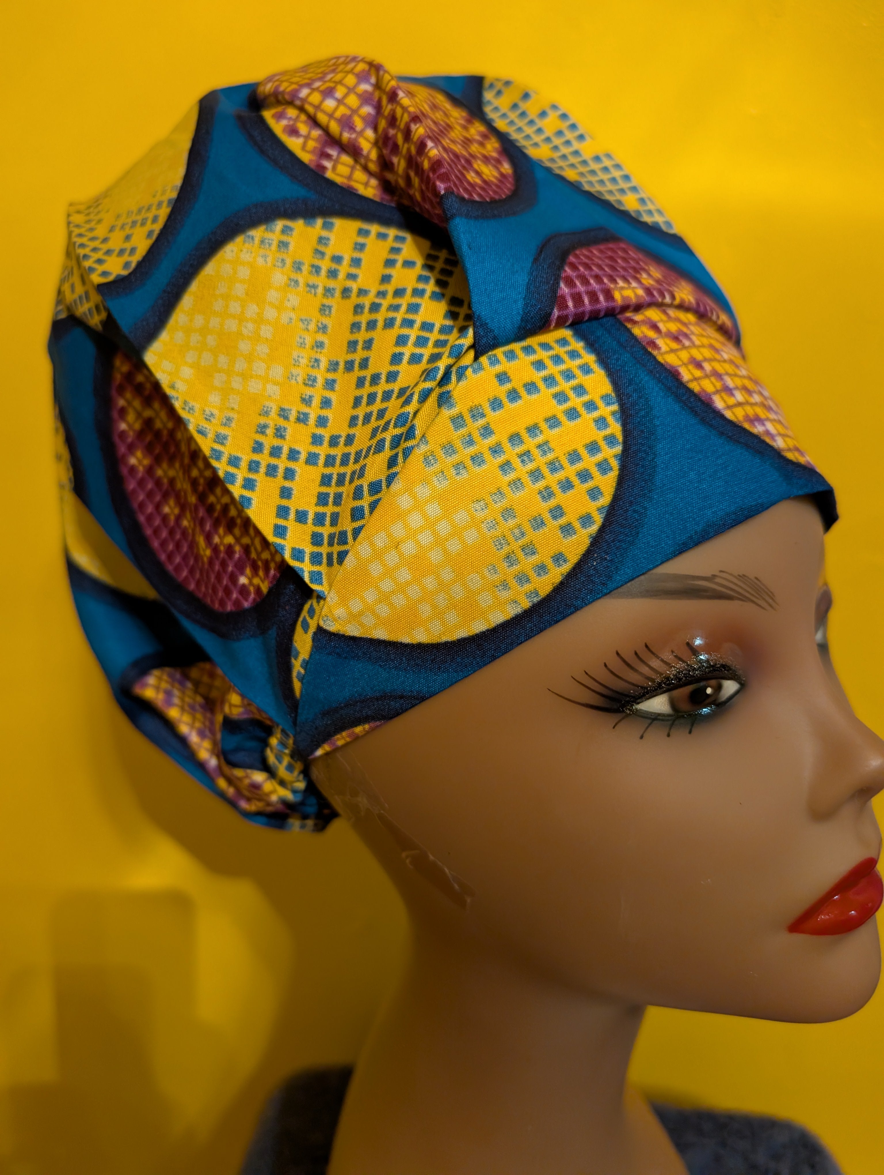 Blue/Yellow/Black Satin Lined Bouffant Style Hat