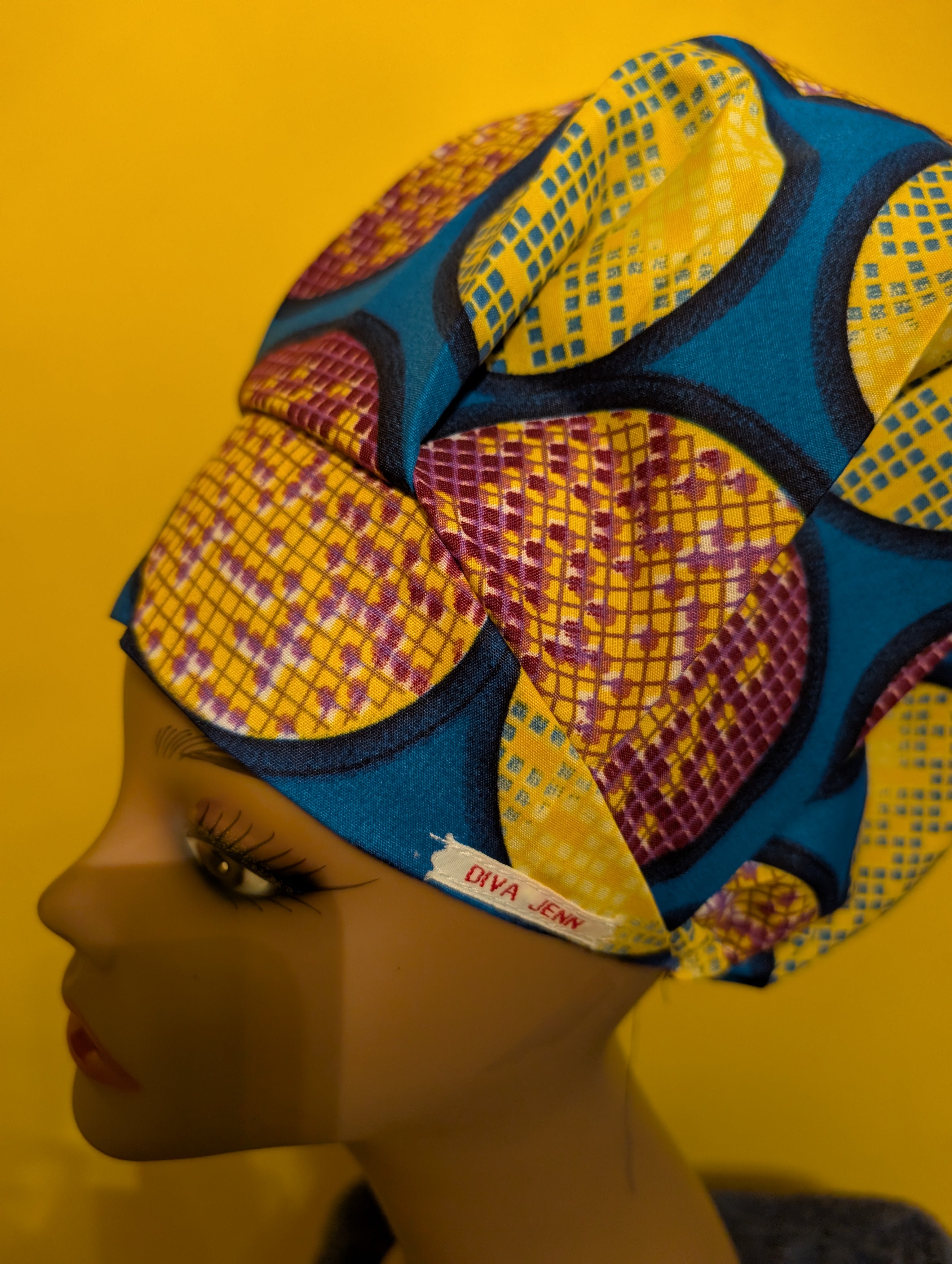 Blue/Yellow/Black Satin Lined Bouffant Style Hat