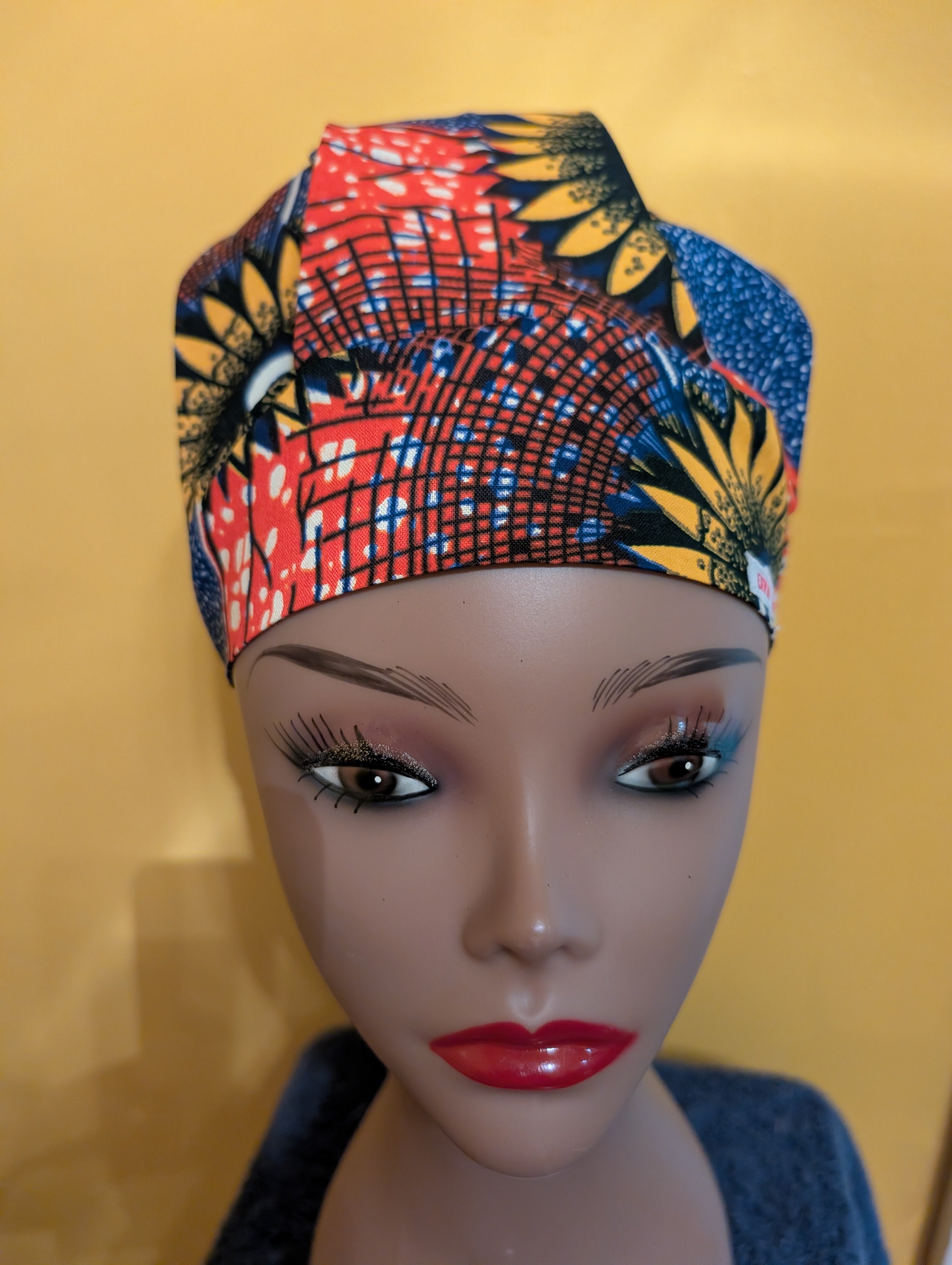 Blue/Orange/Black Satin Lined Bouffant Style Hat