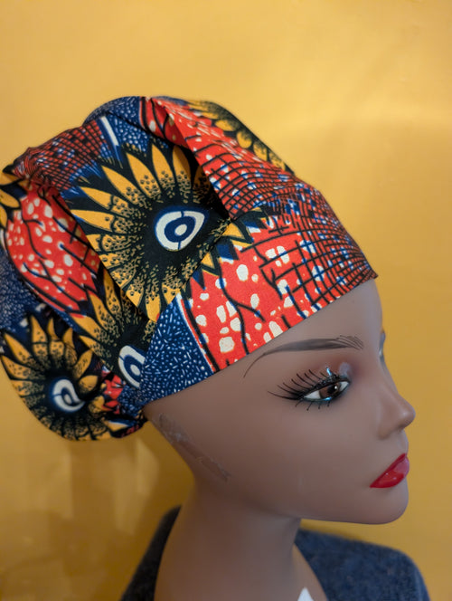 Blue/Orange/Black Satin Lined Bouffant Style Hat