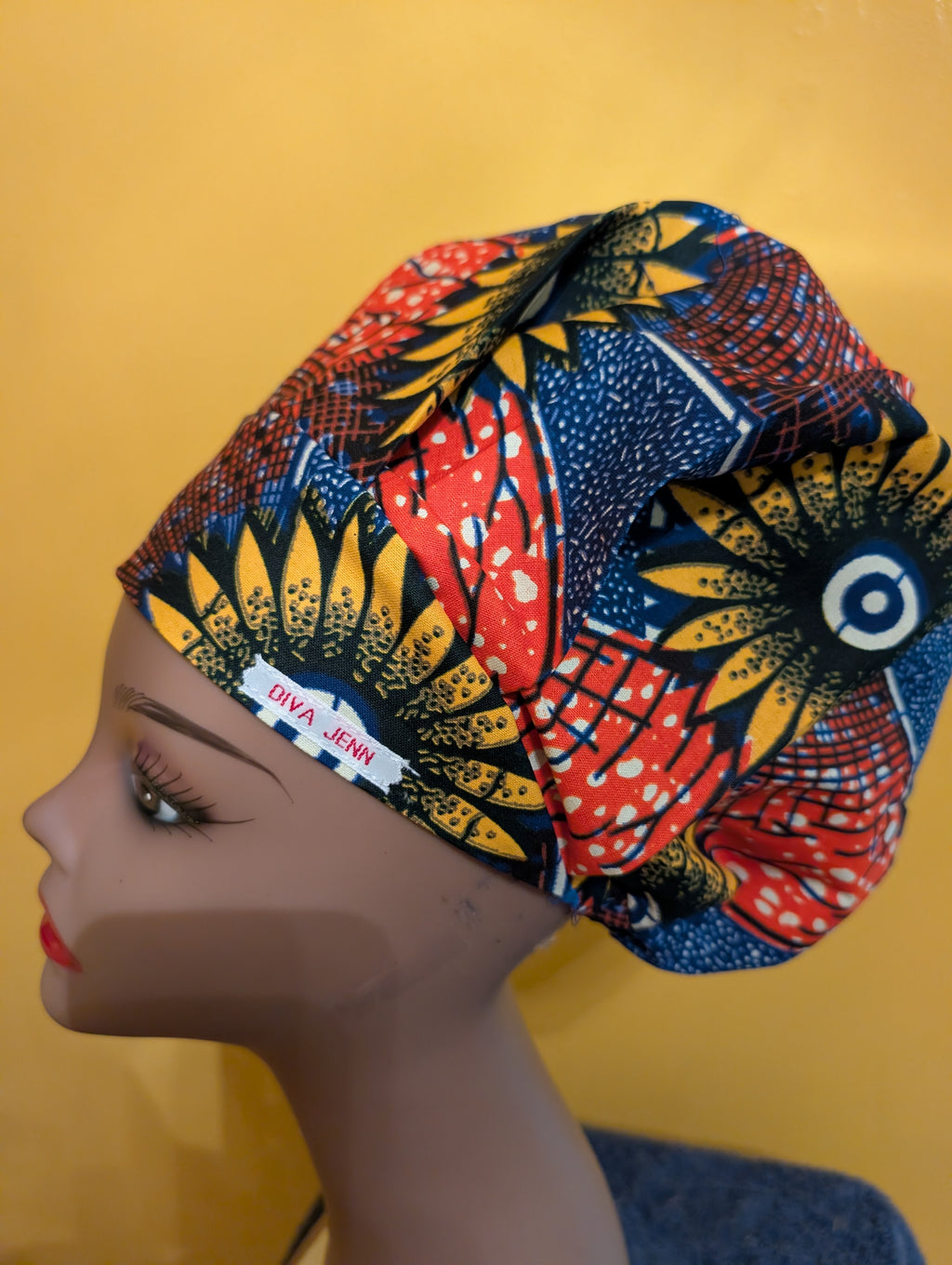 Blue/Orange/Black Satin Lined Bouffant Style Hat