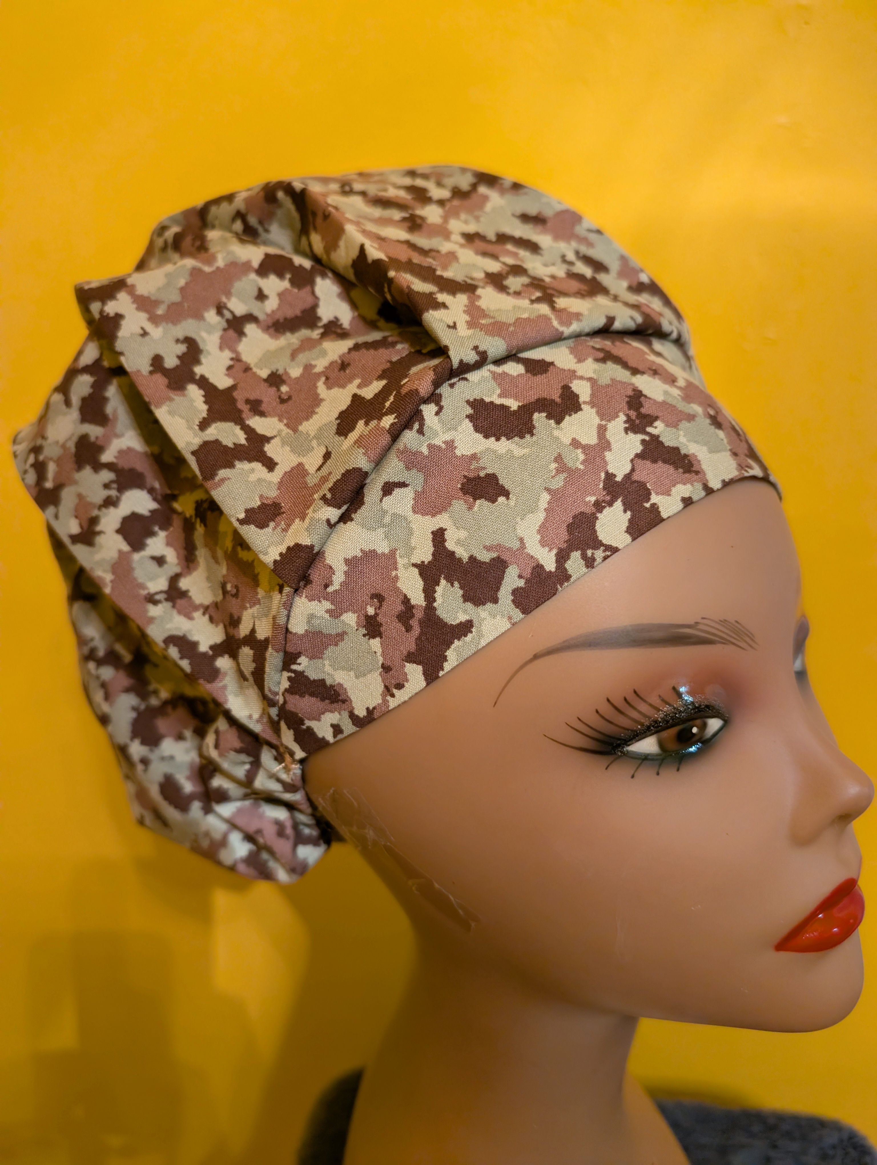 Green/Brown Army fabric Satin Lined Bouffant Style Hat