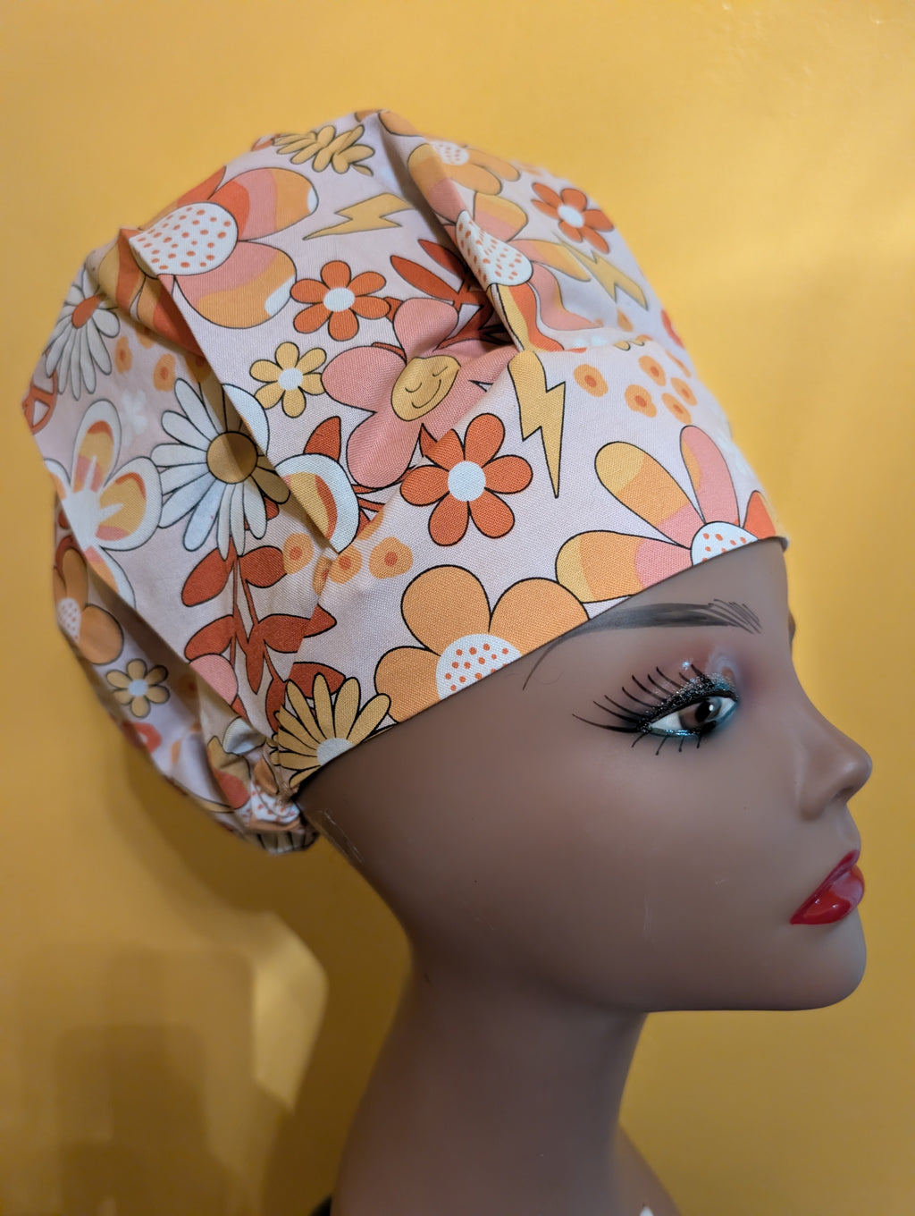 Brown/Tan/White Flower Satin Lined Bouffant Style Hat