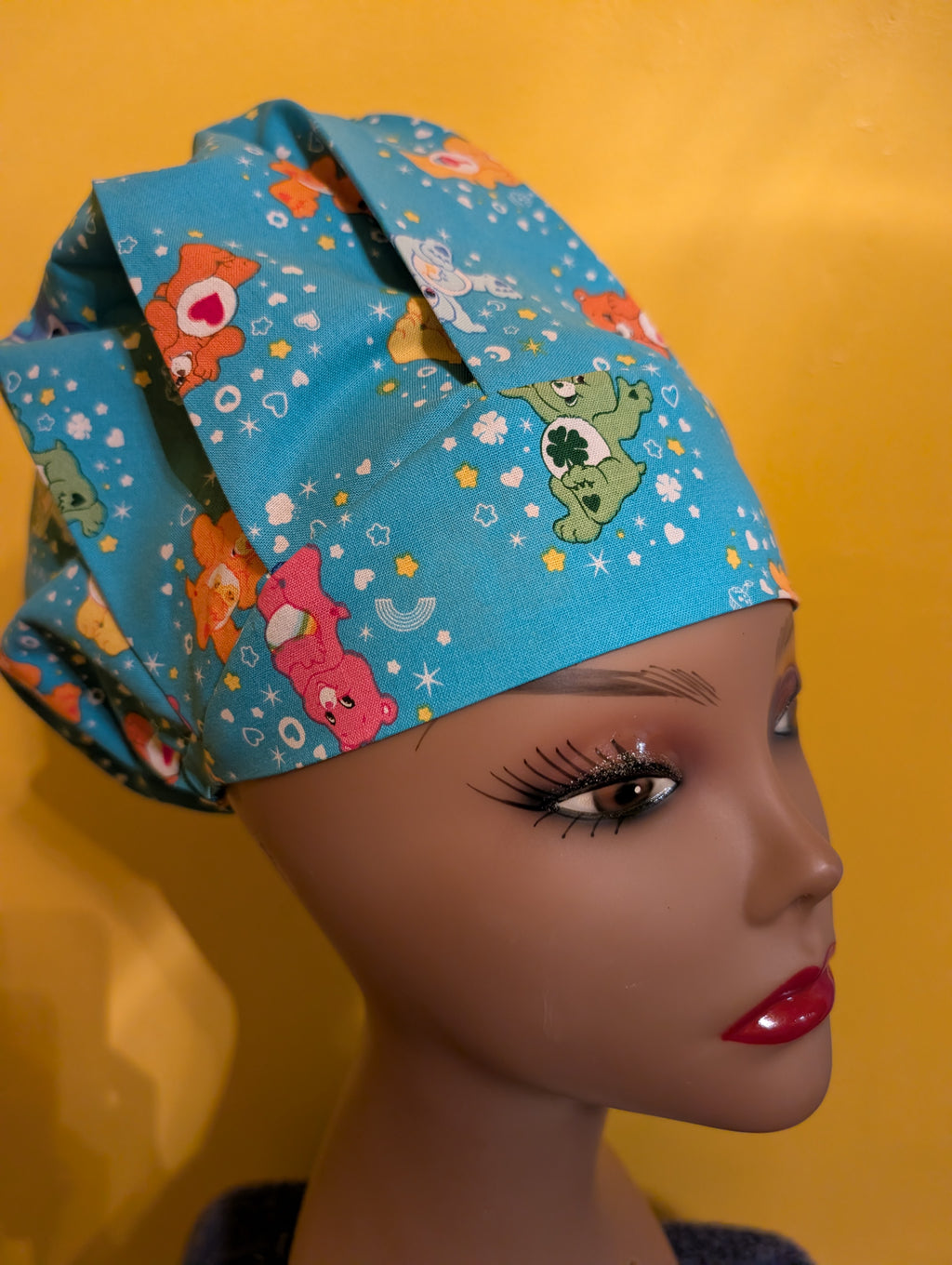 Blue Care Bear Themed Satin Lined Bouffant Style Hat
