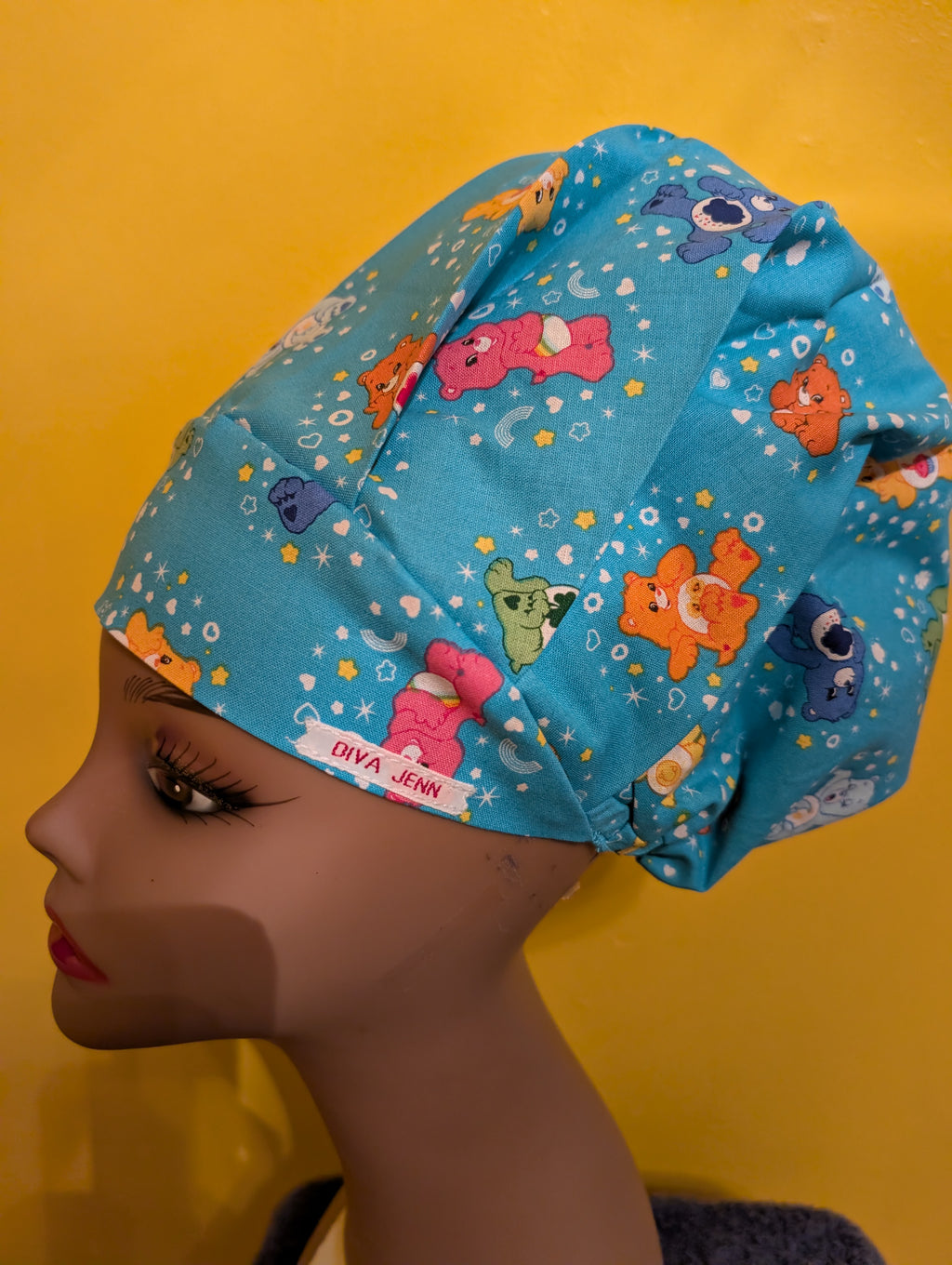 Blue Care Bear Themed Satin Lined Bouffant Style Hat