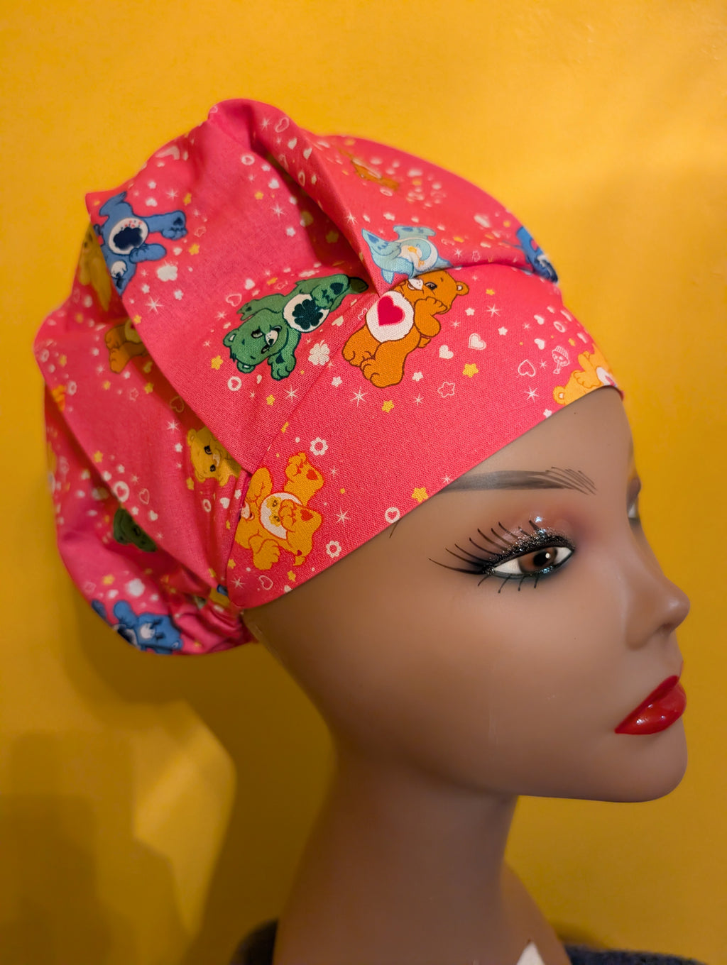 Pink Care Bear Themed Satin Lined Bouffant Style Hat