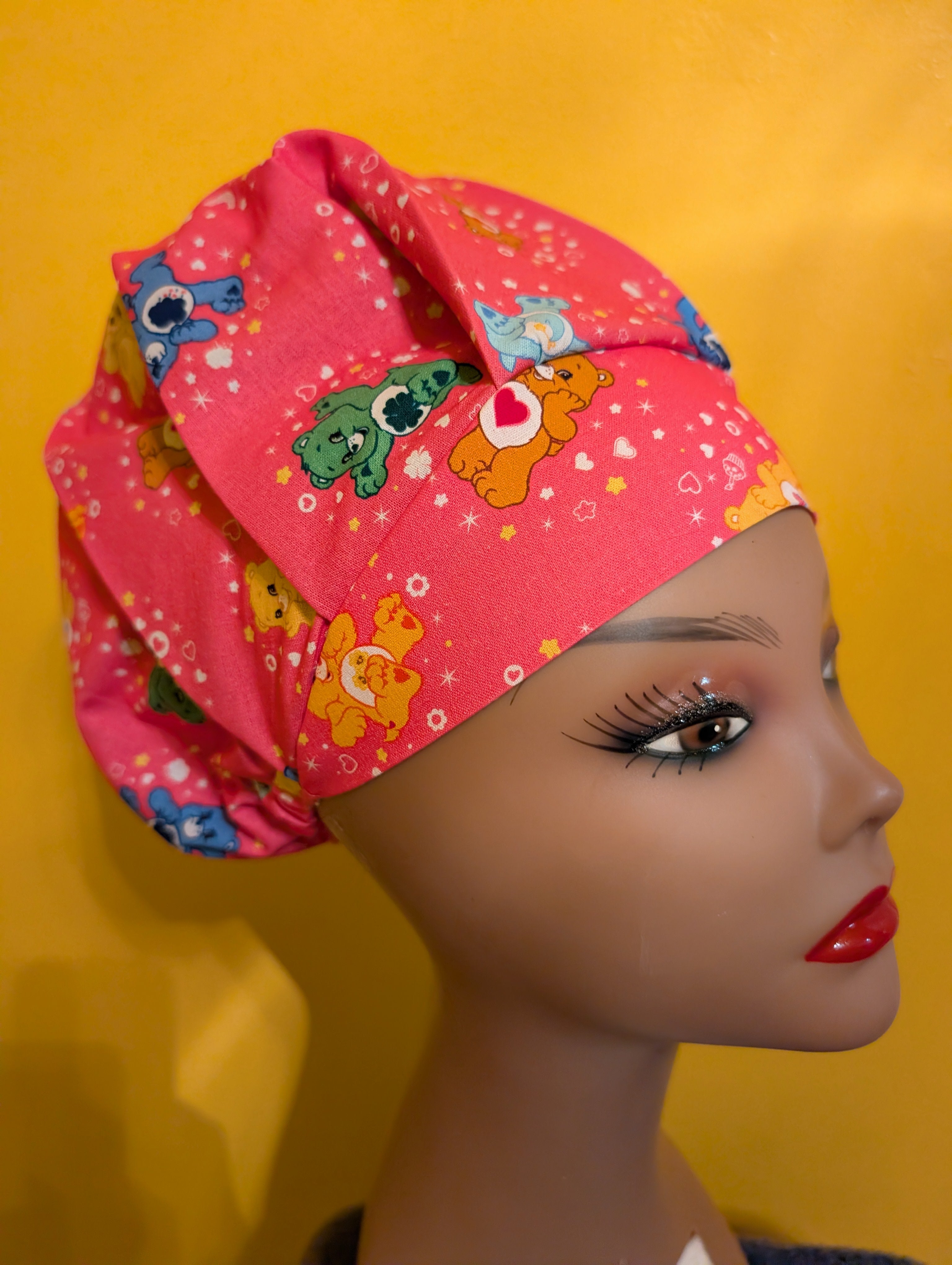 Pink Care Bear Themed Satin Lined Bouffant Style Hat