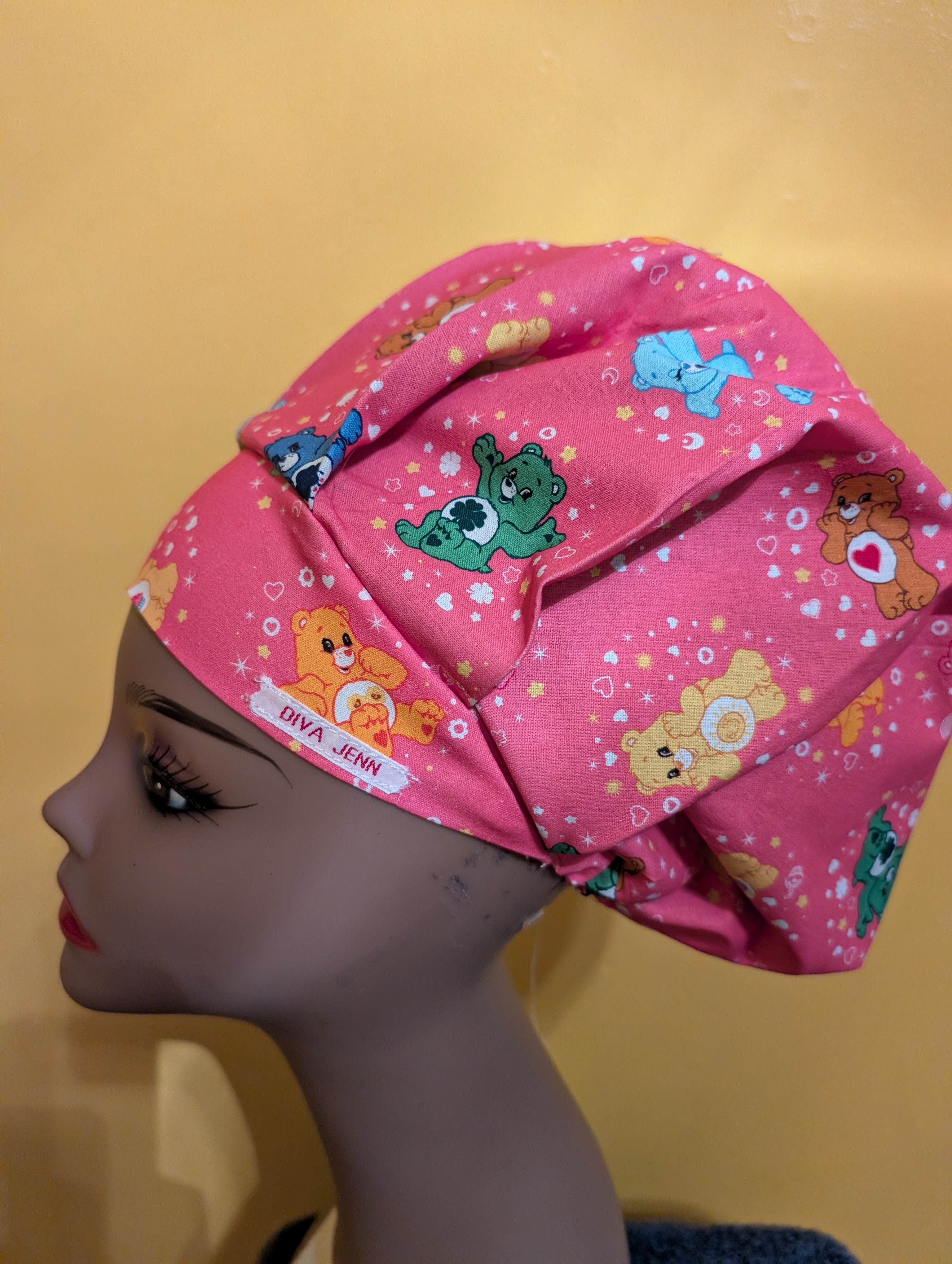 Pink Care Bear Themed Satin Lined Bouffant Style Hat