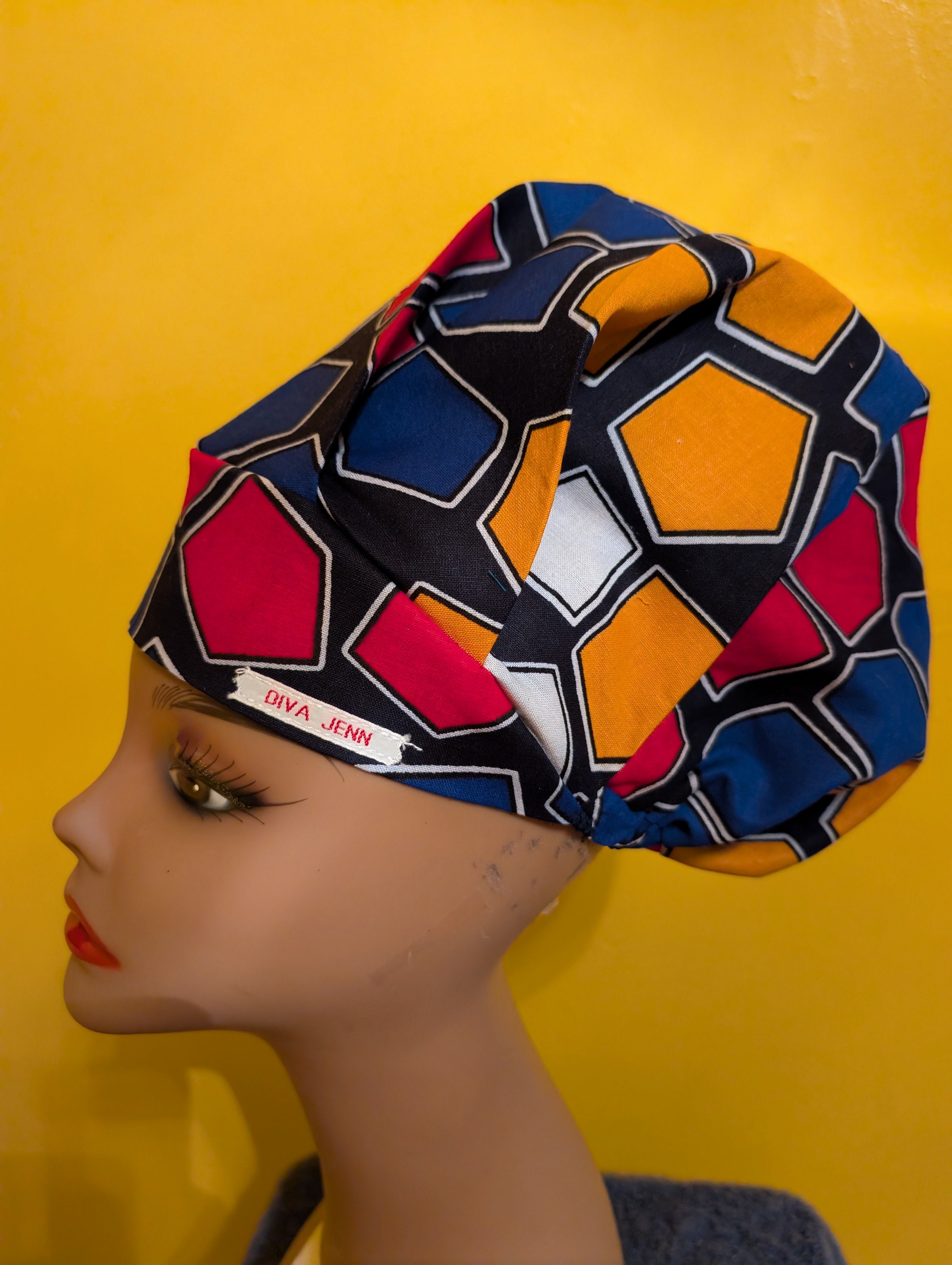 Blue/Gold/White Satin Lined Bouffant Style Hat