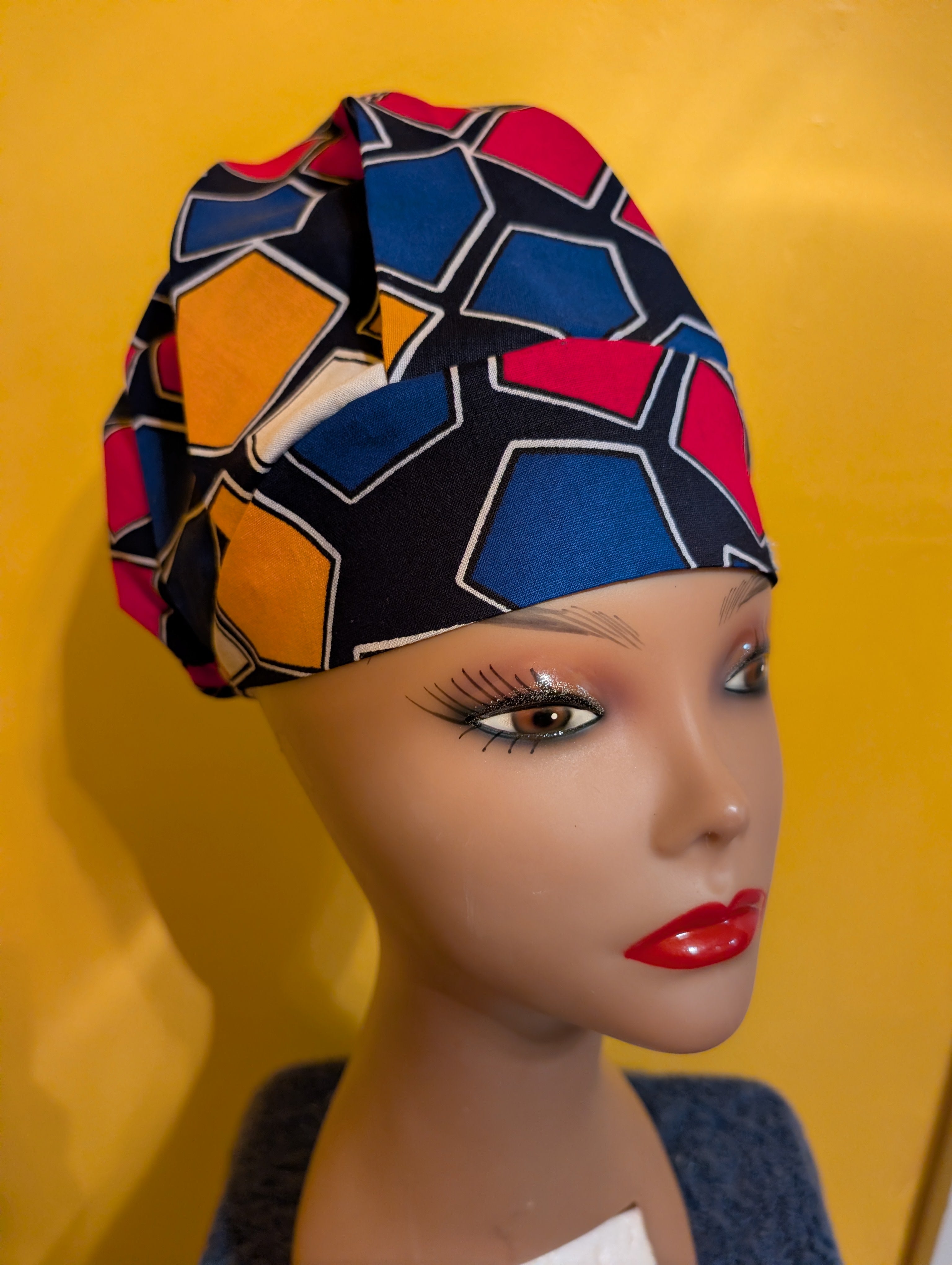 Blue/Gold/White Satin Lined Bouffant Style Hat