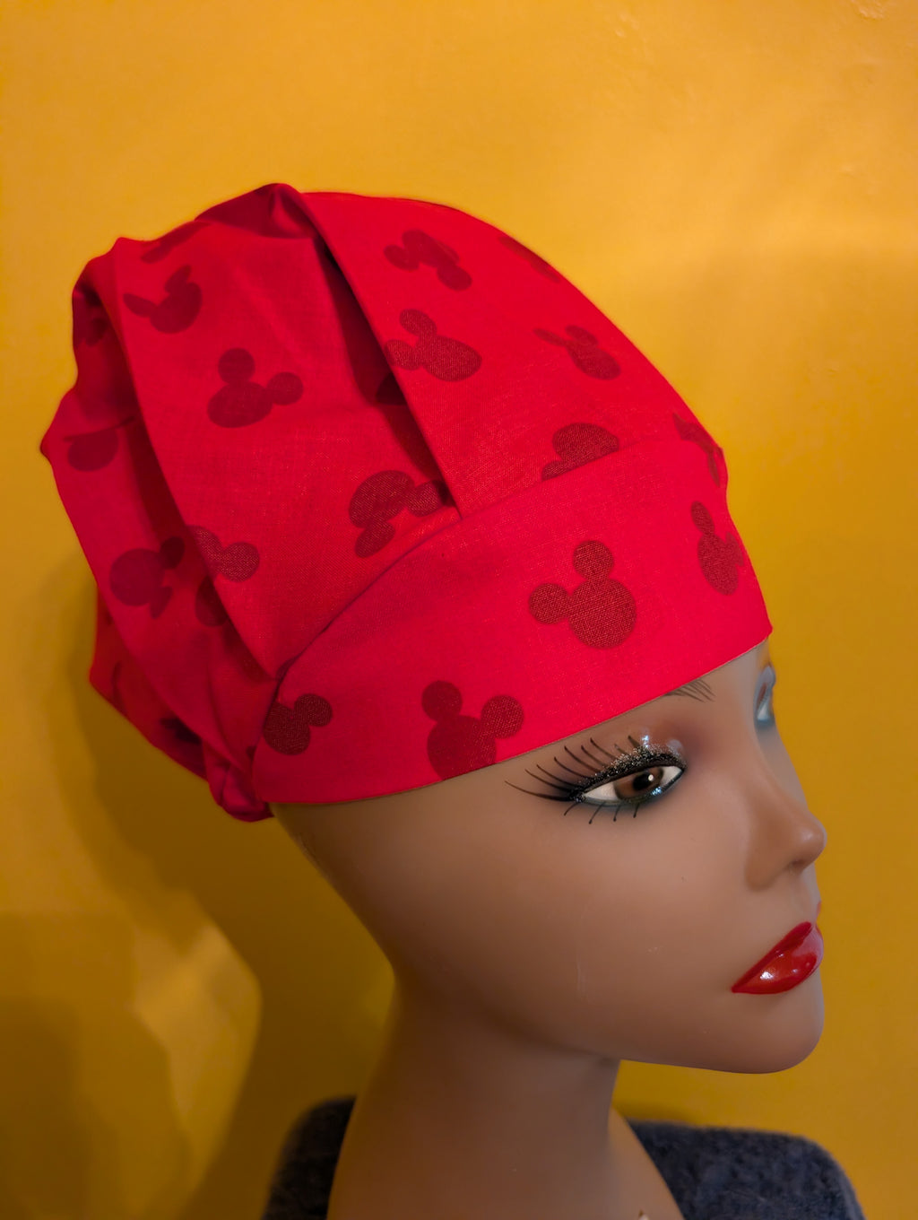 Red Mickey Mouse Themed Satin Lined Bouffant Style Hat