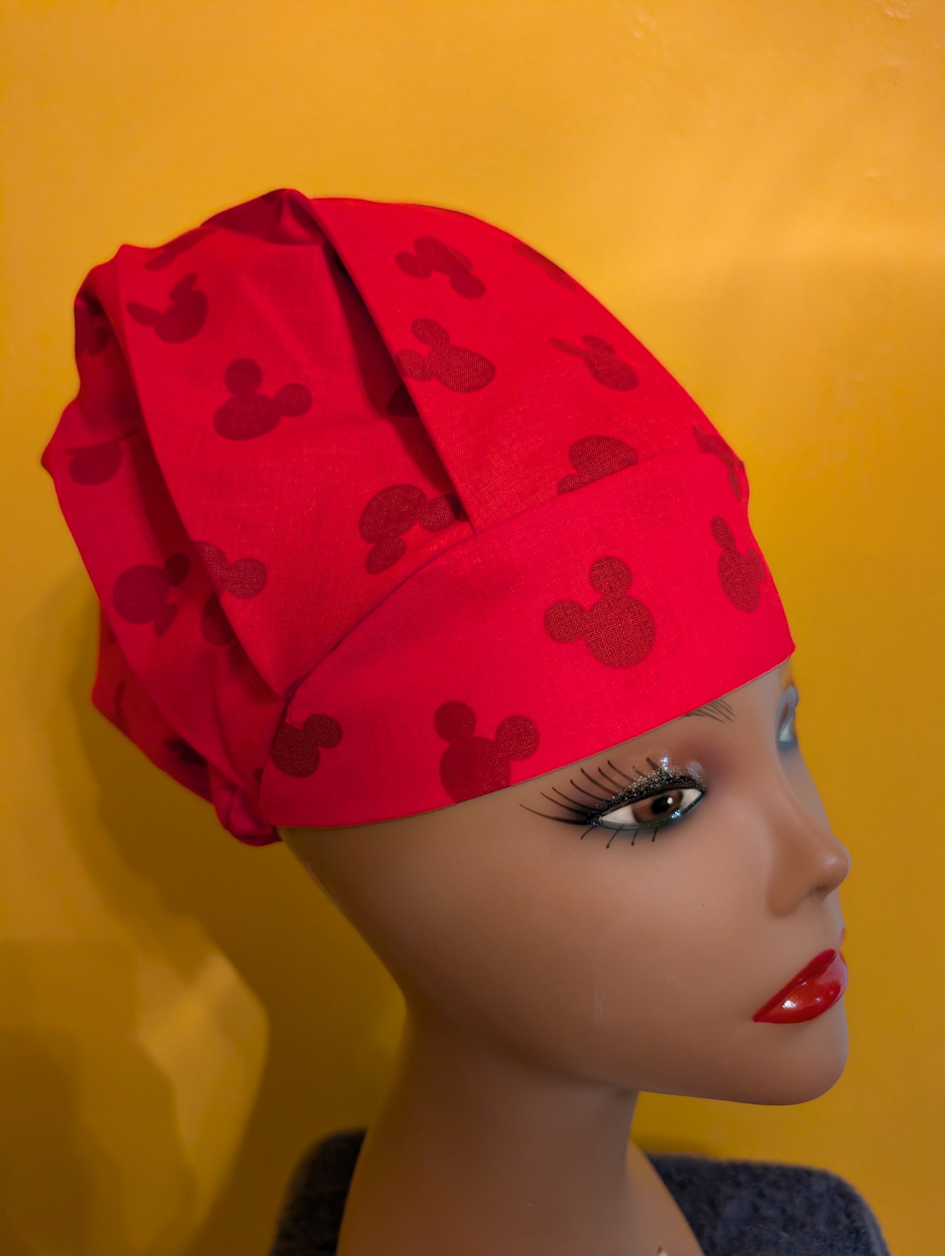 Red Mickey Mouse Themed Satin Lined Bouffant Style Hat