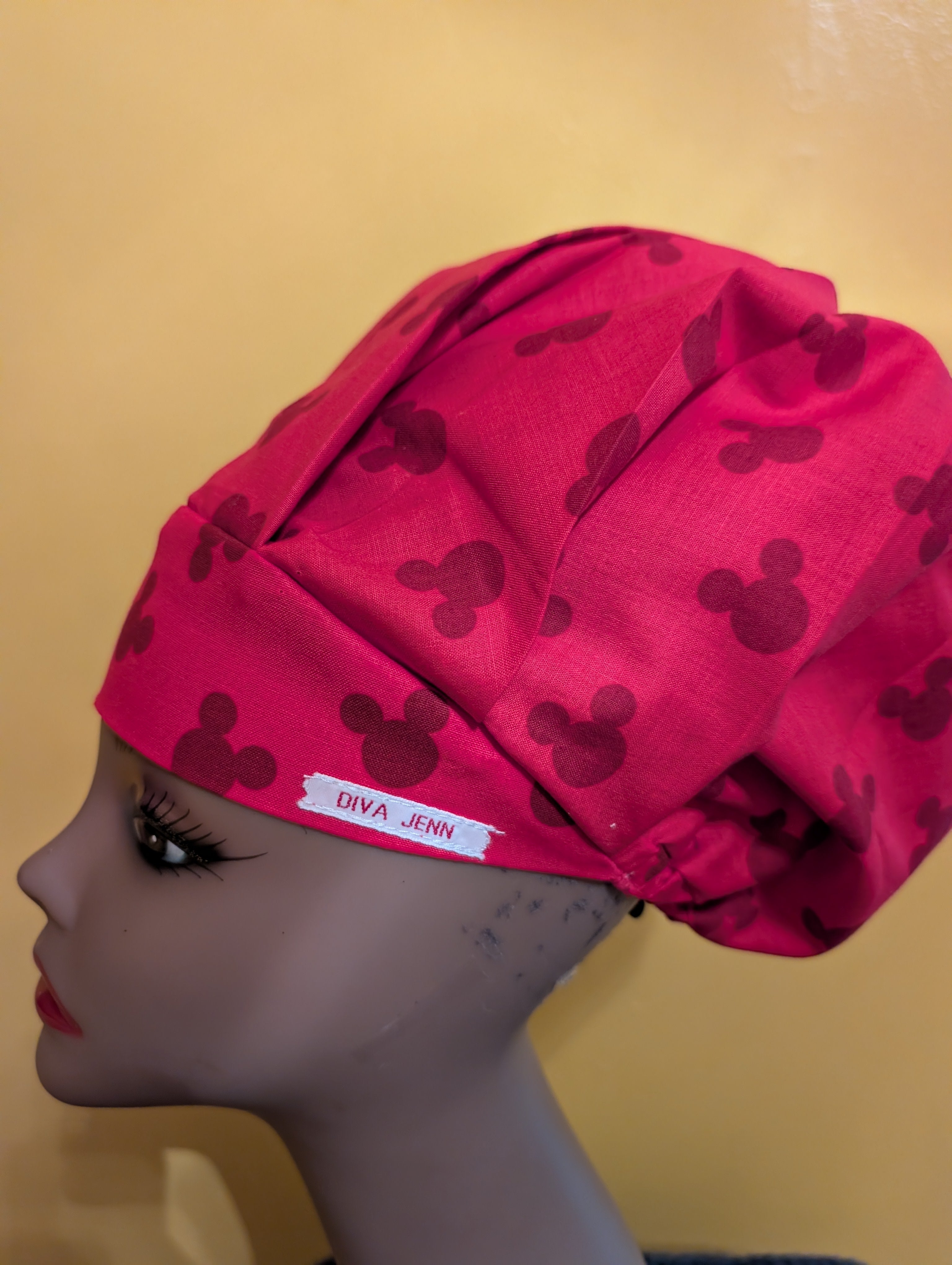 Red Mickey Mouse Themed Satin Lined Bouffant Style Hat