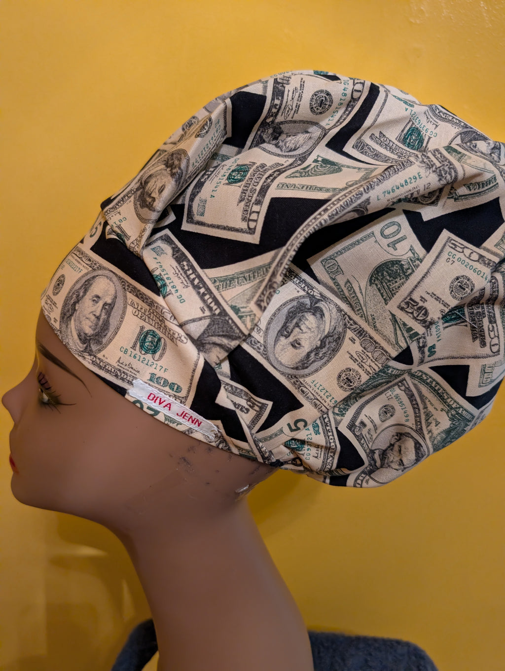 Green/Black Money Themed Satin Lined Bouffant Style Hat