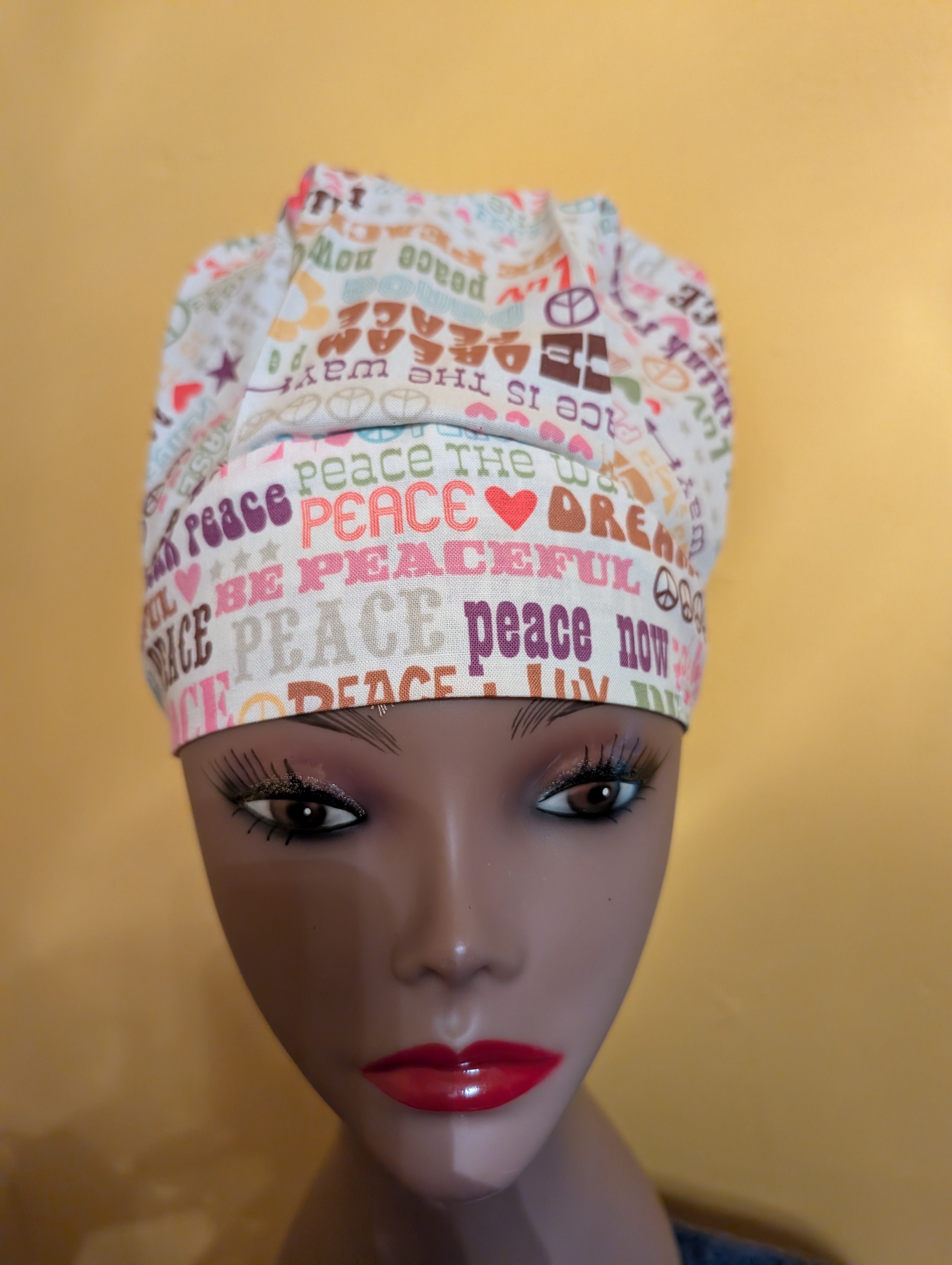 Cream "Peace" Themed Bouffant Style Satin Lined Hat