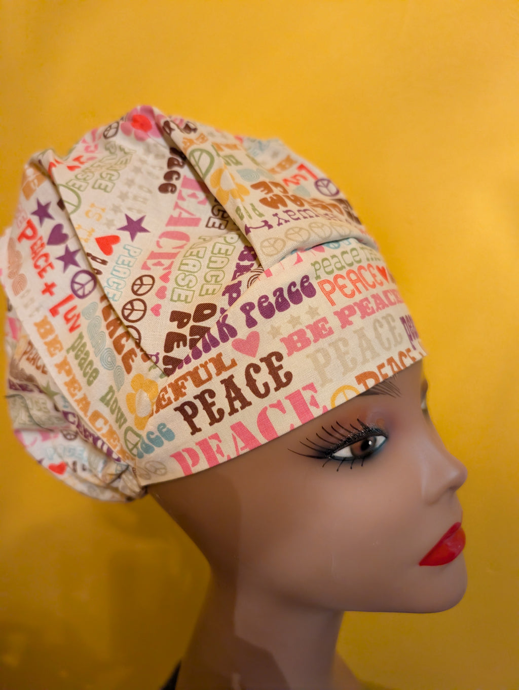 Cream "Peace" Themed Bouffant Style Satin Lined Hat