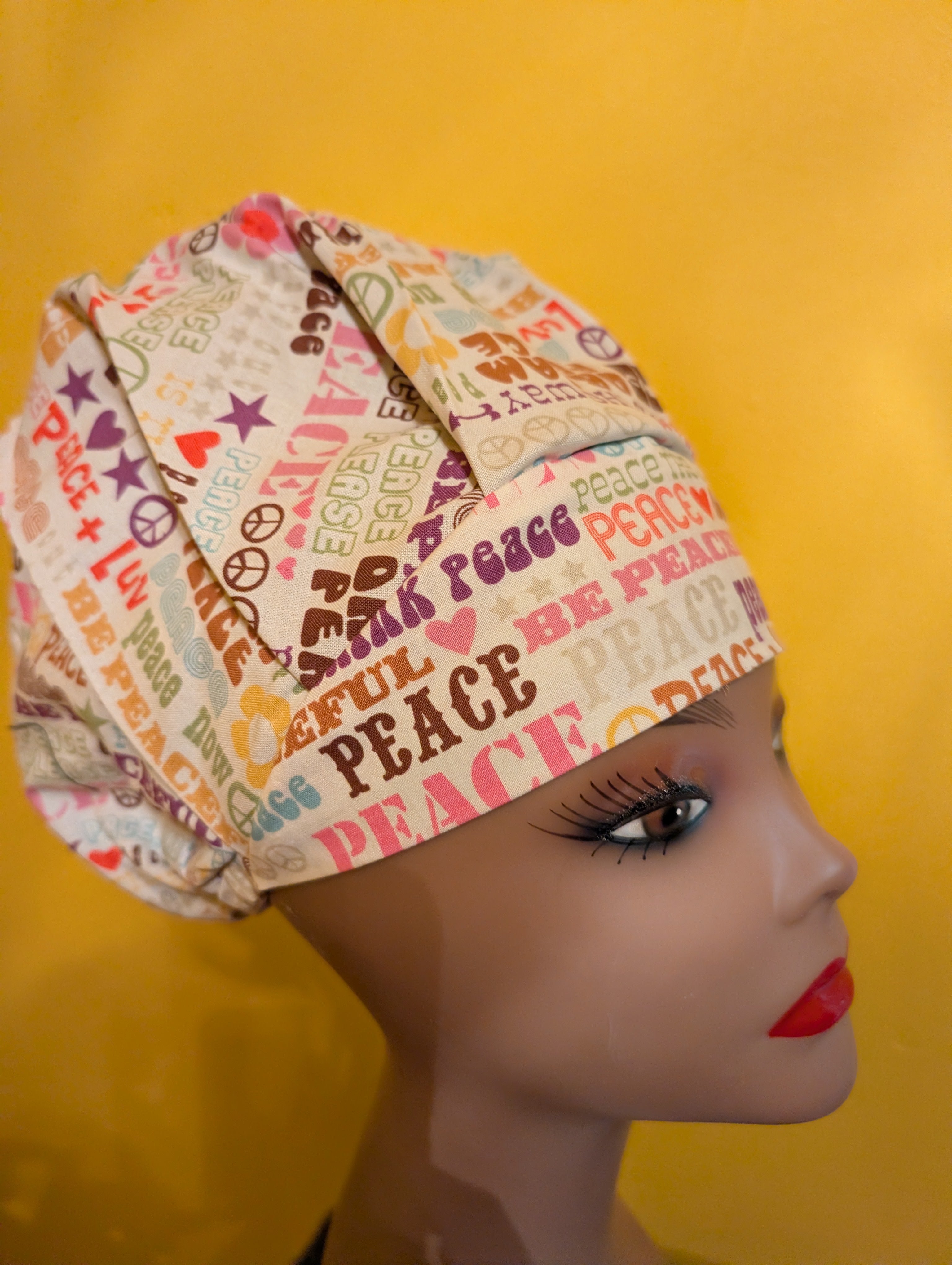 Cream "Peace" Themed Bouffant Style Satin Lined Hat