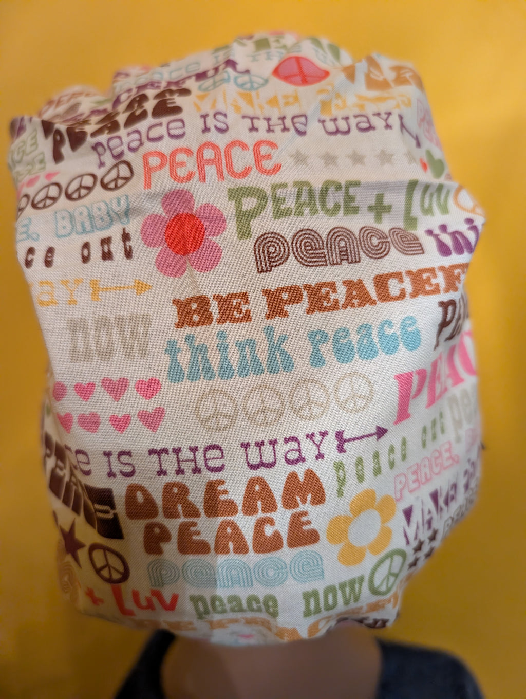 Cream "Peace" Themed Bouffant Style Satin Lined Hat