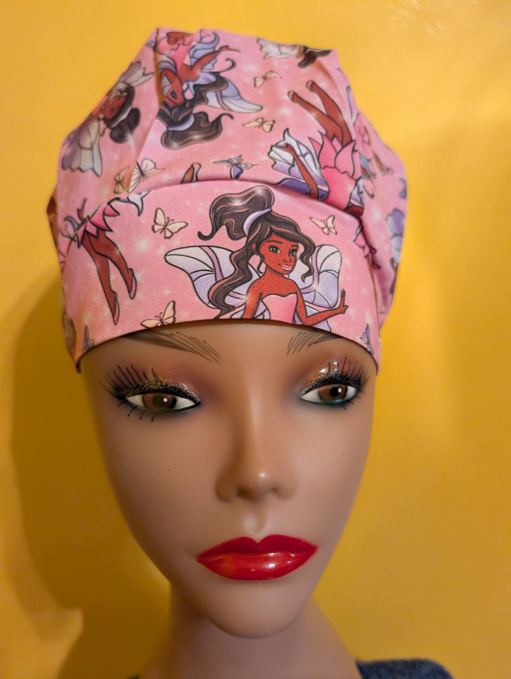 Pink African American Fairy Themed Satin Lined Bouffant Style Hat