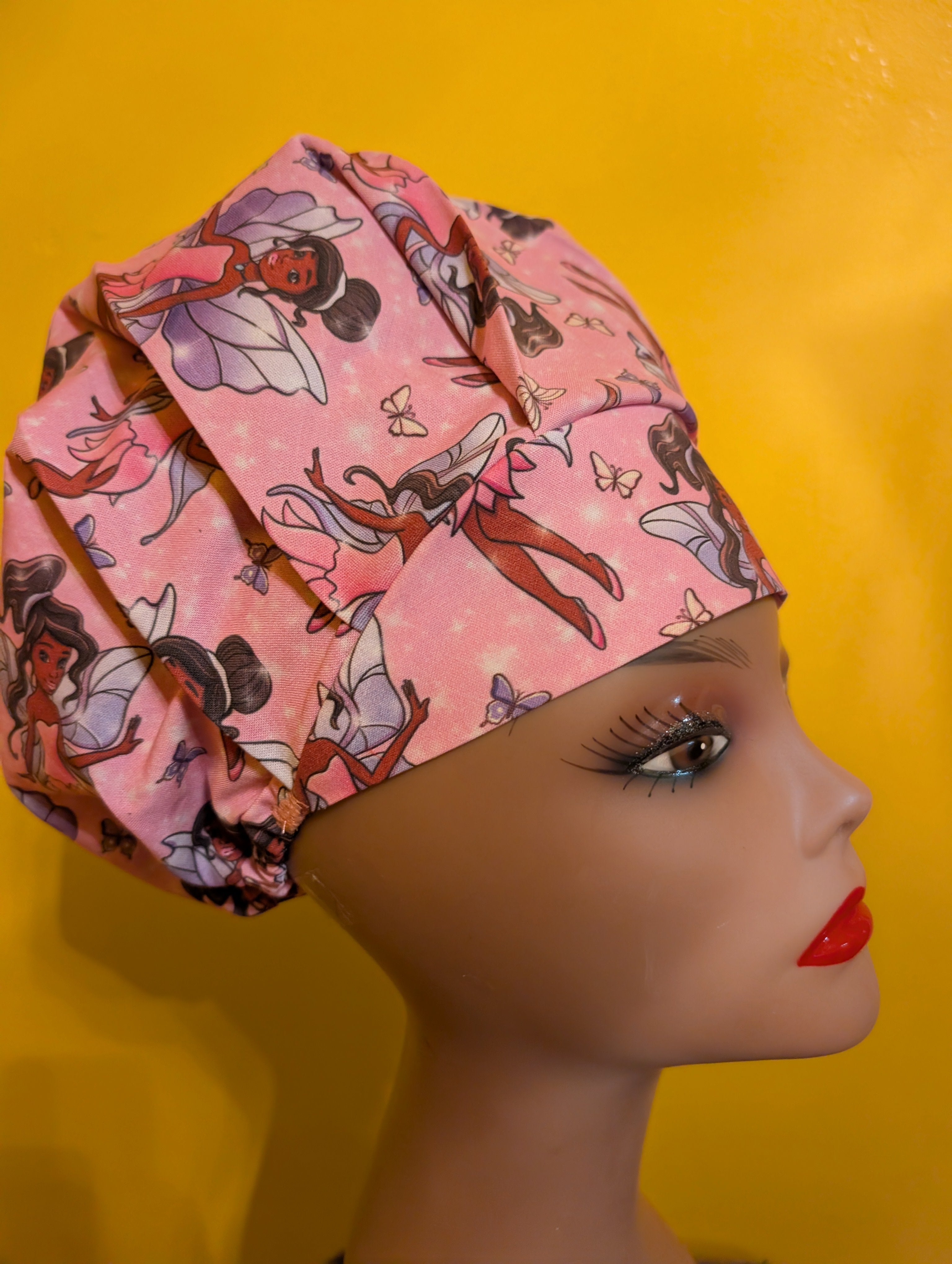 Pink African American Fairy Themed Satin Lined Bouffant Style Hat