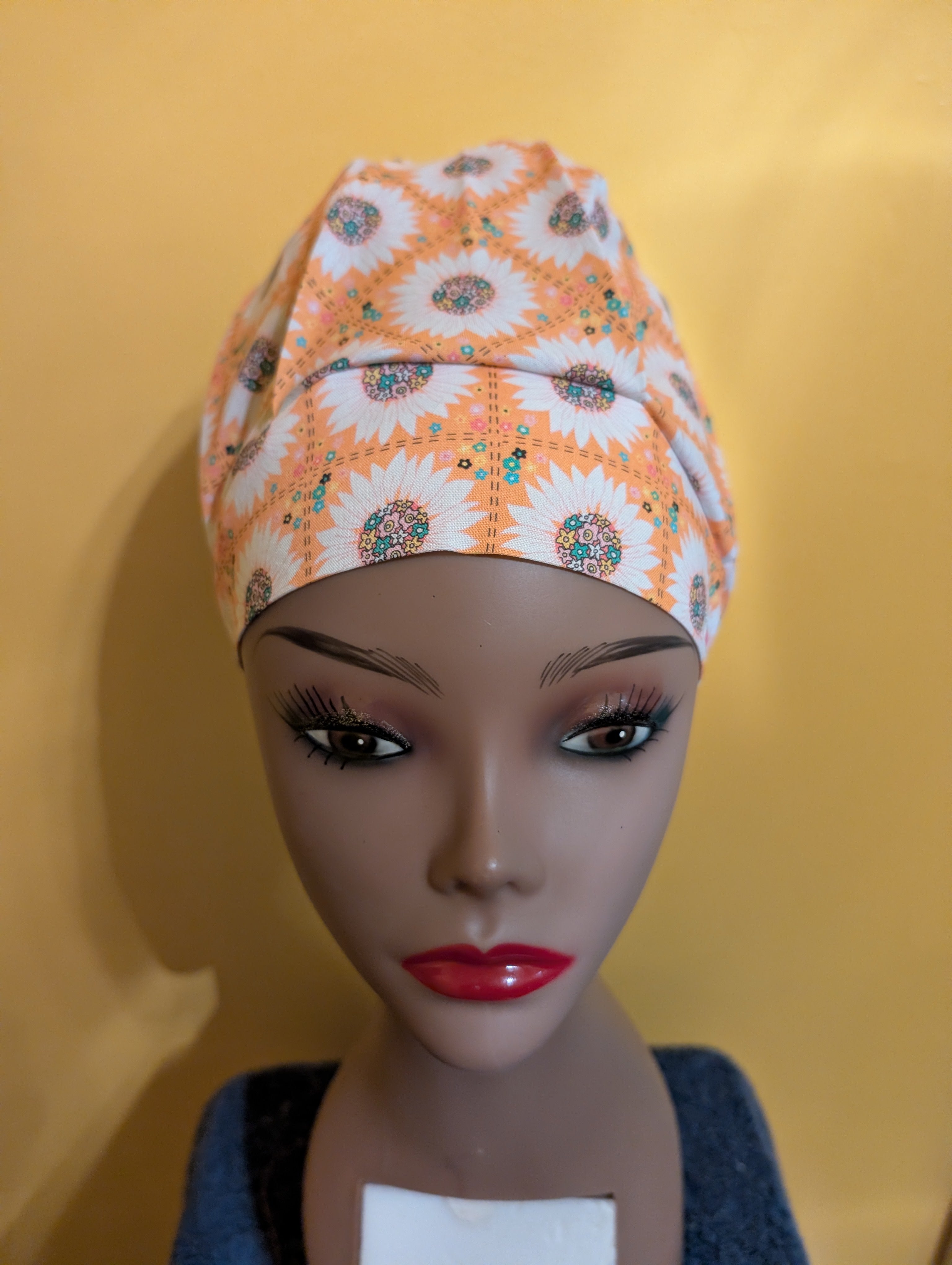 Orange/White flower Satin Style Bouffant Style Hat