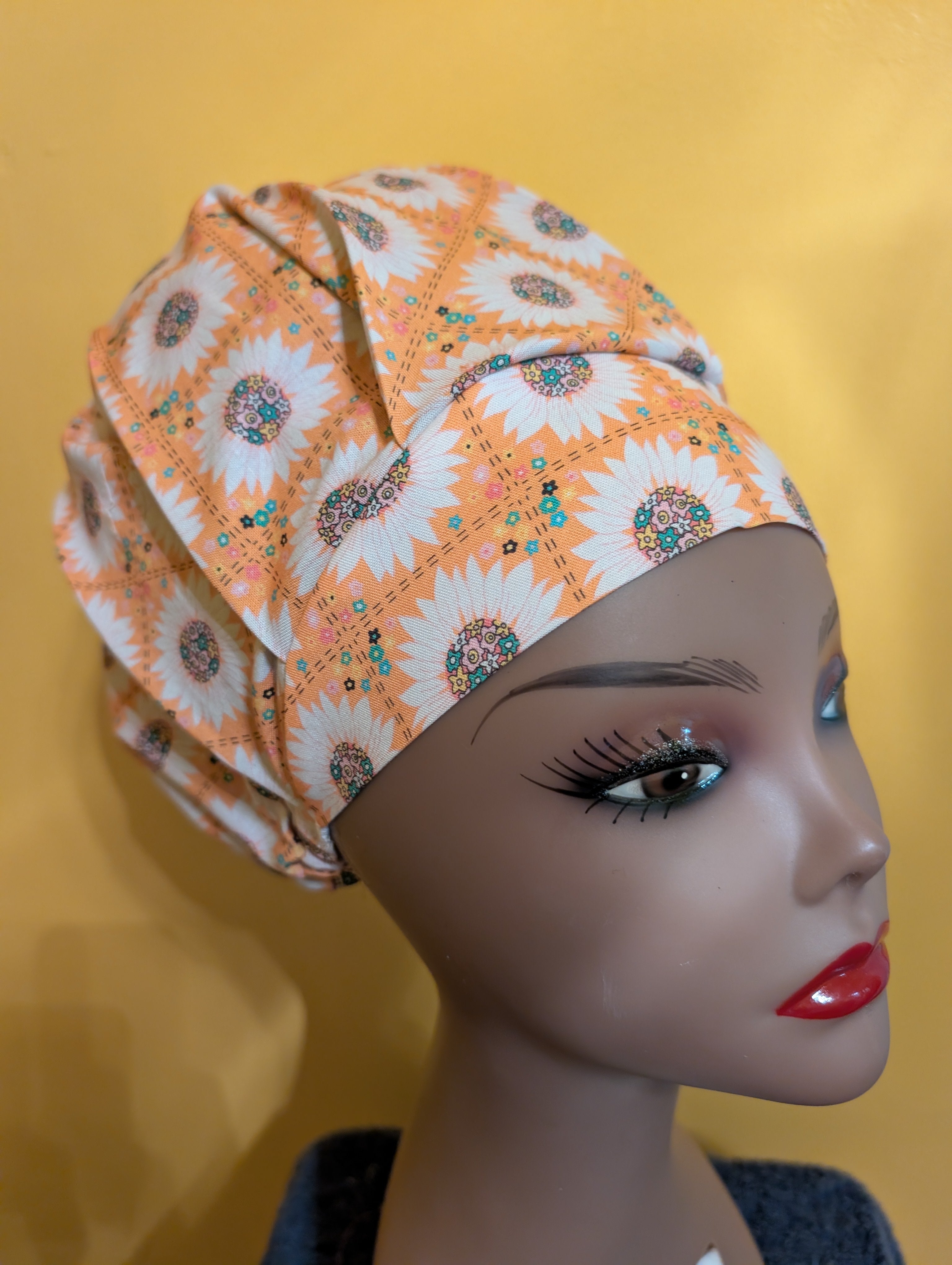 Orange/White flower Satin Style Bouffant Style Hat