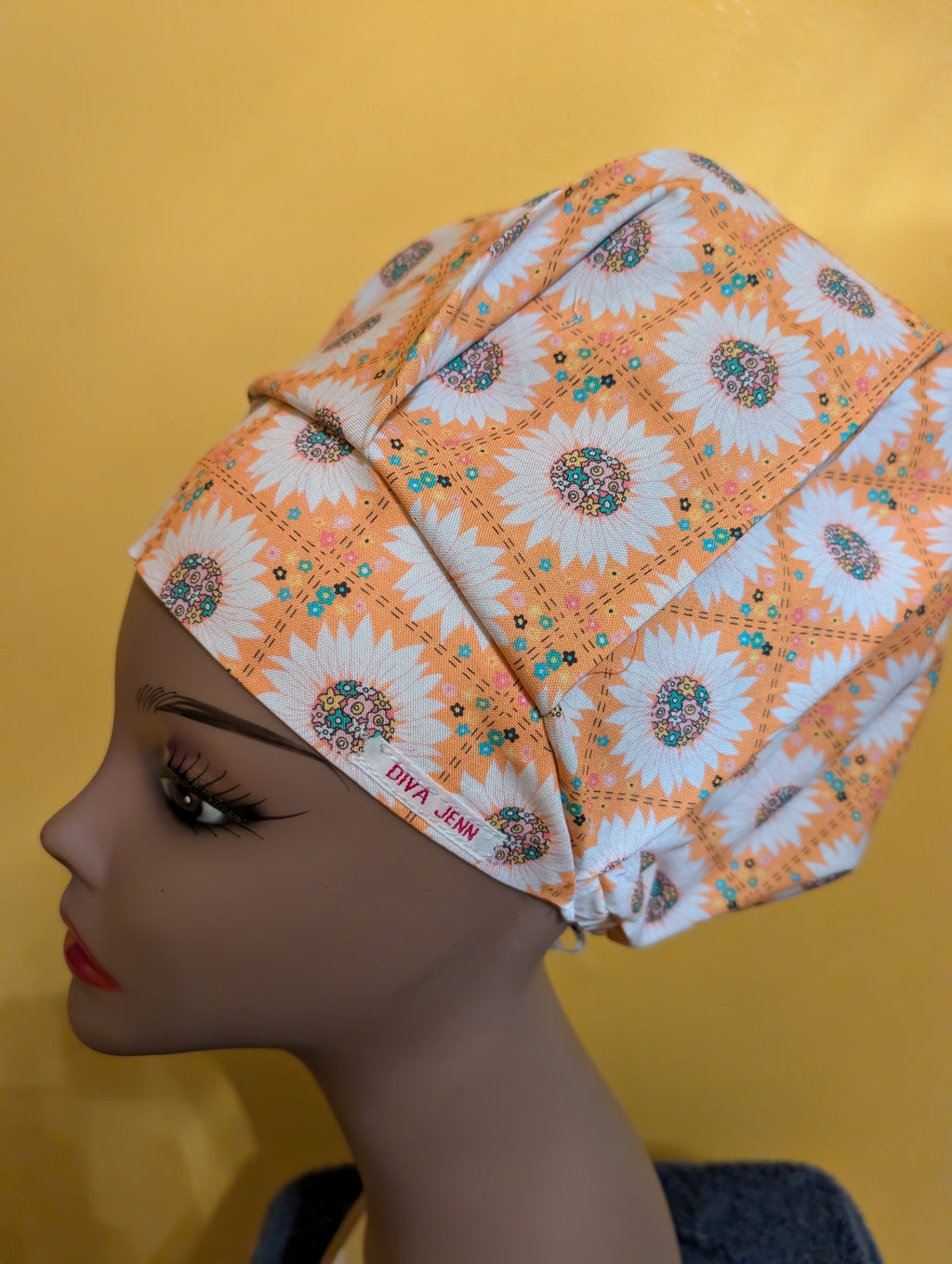 Orange/White flower Satin Style Bouffant Style Hat