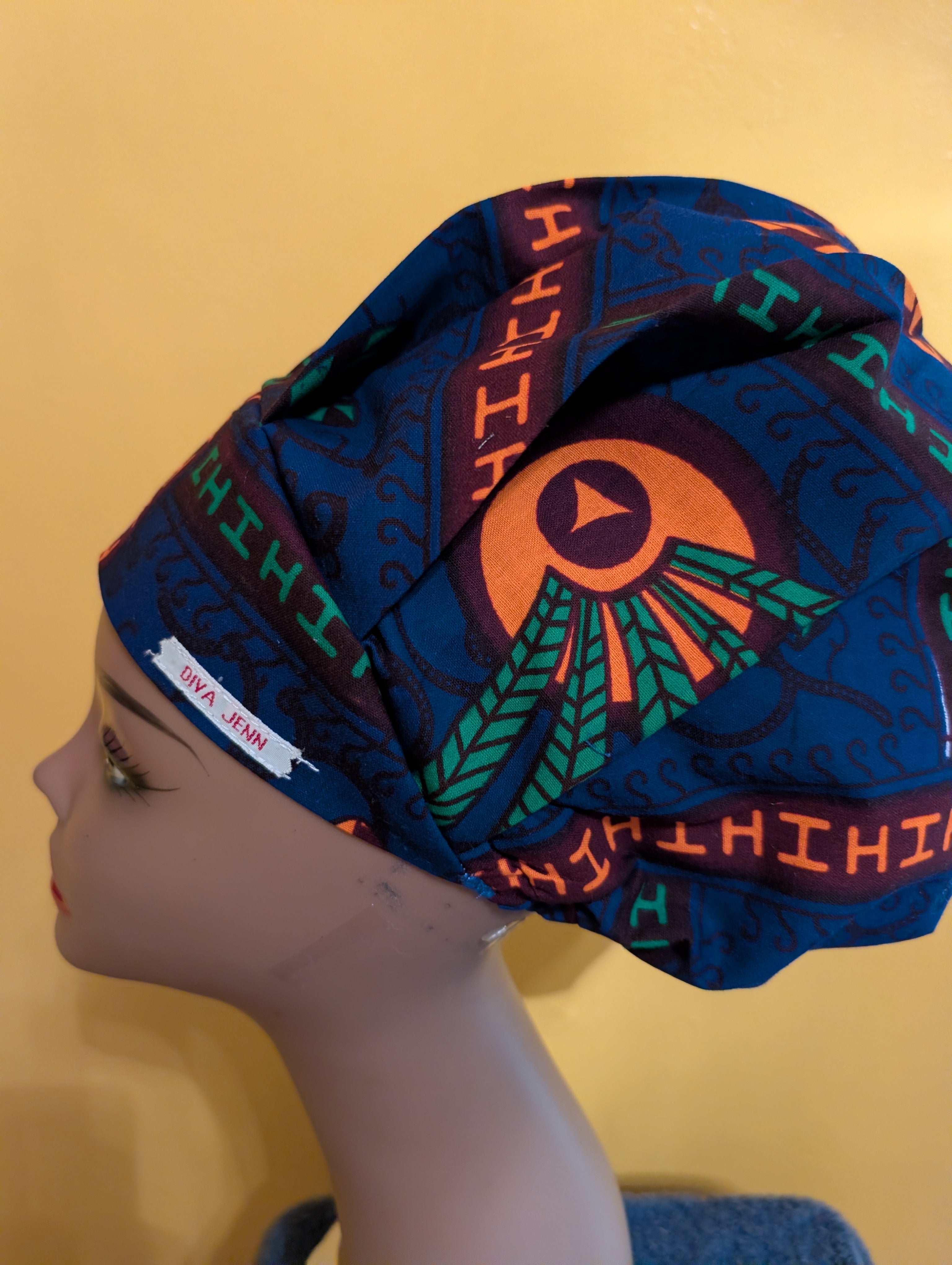 Blue/Orange Satin Lined Bouffant Style Hat