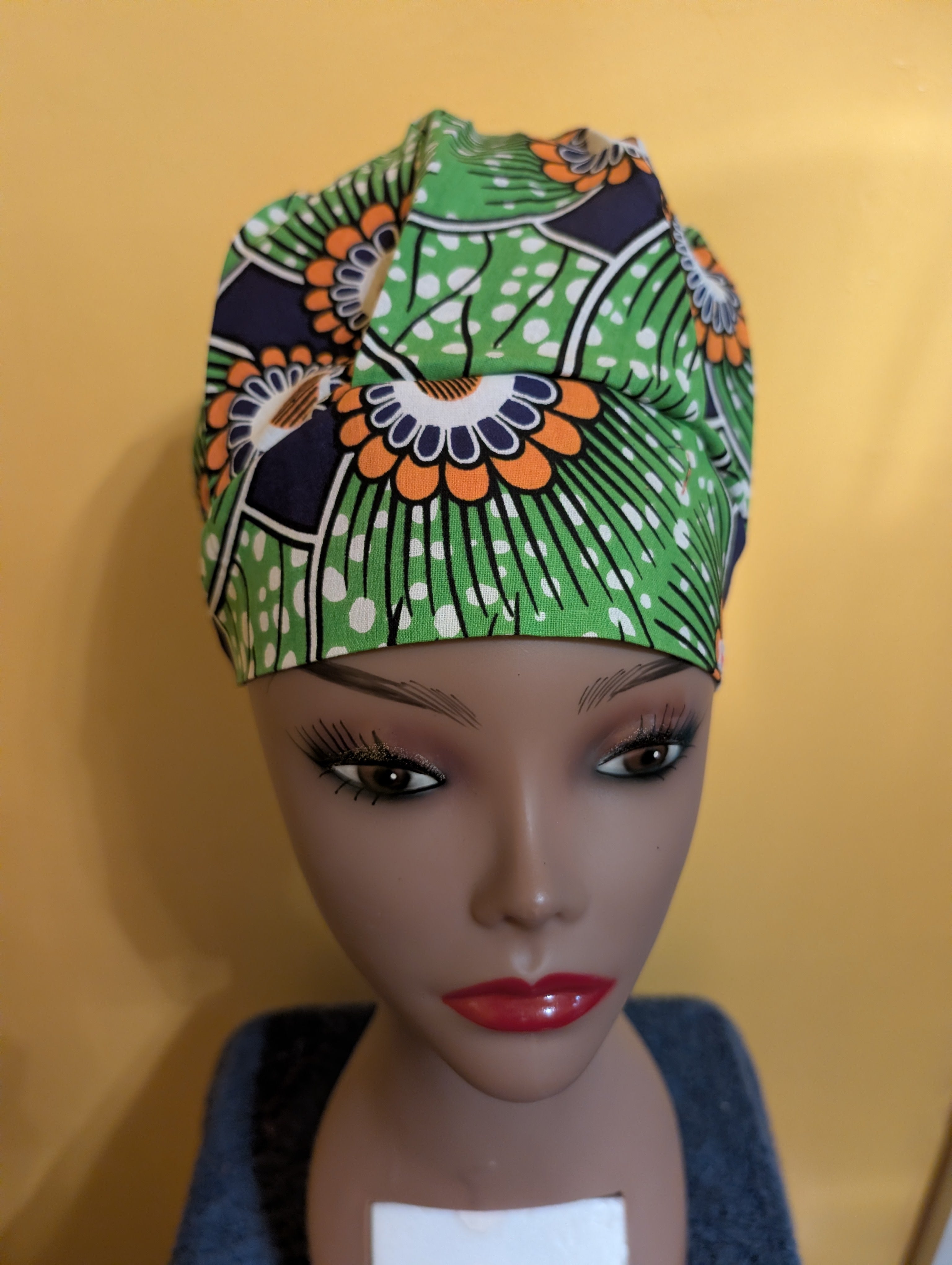 Blue/Green/White Satin Lined Bouffant Style Hat
