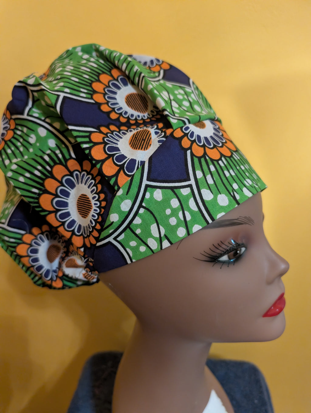 Blue/Green/White Satin Lined Bouffant Style Hat