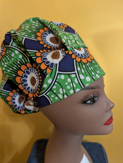 Blue/Green/White Satin Lined Bouffant Style Hat