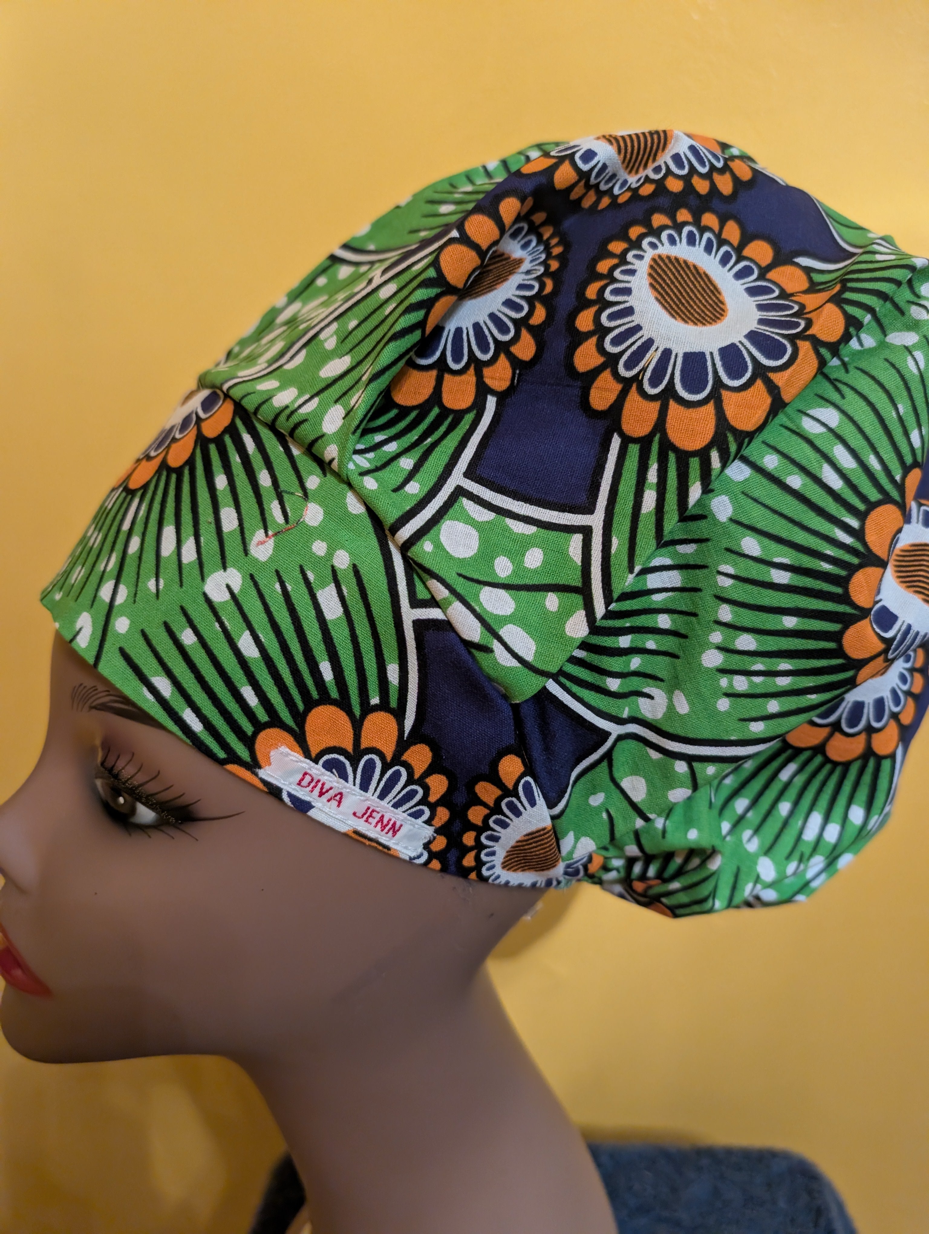 Blue/Green/White Satin Lined Bouffant Style Hat