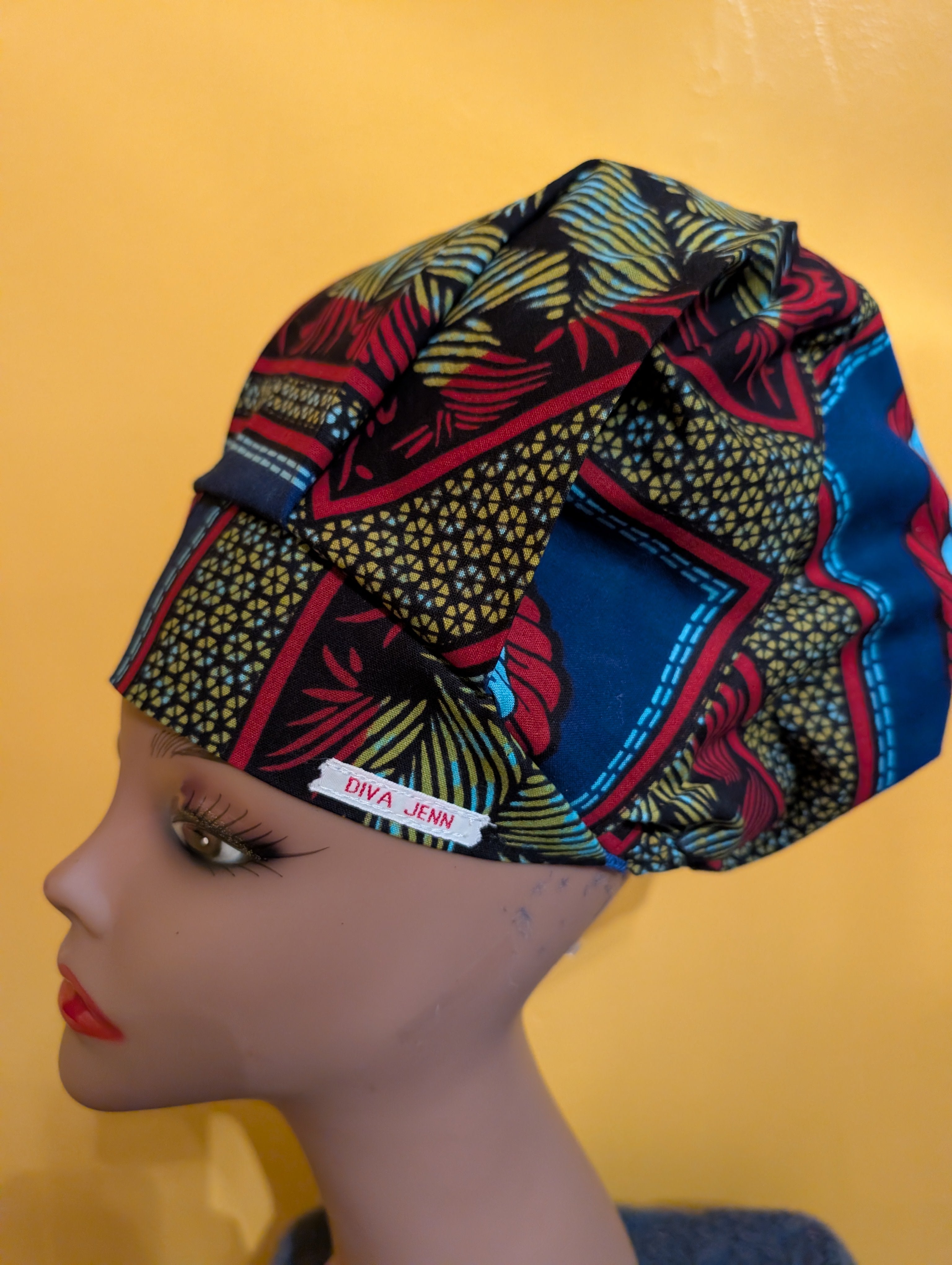 Blu/Yellow/Red Satin Lined Bouffant Style Hat