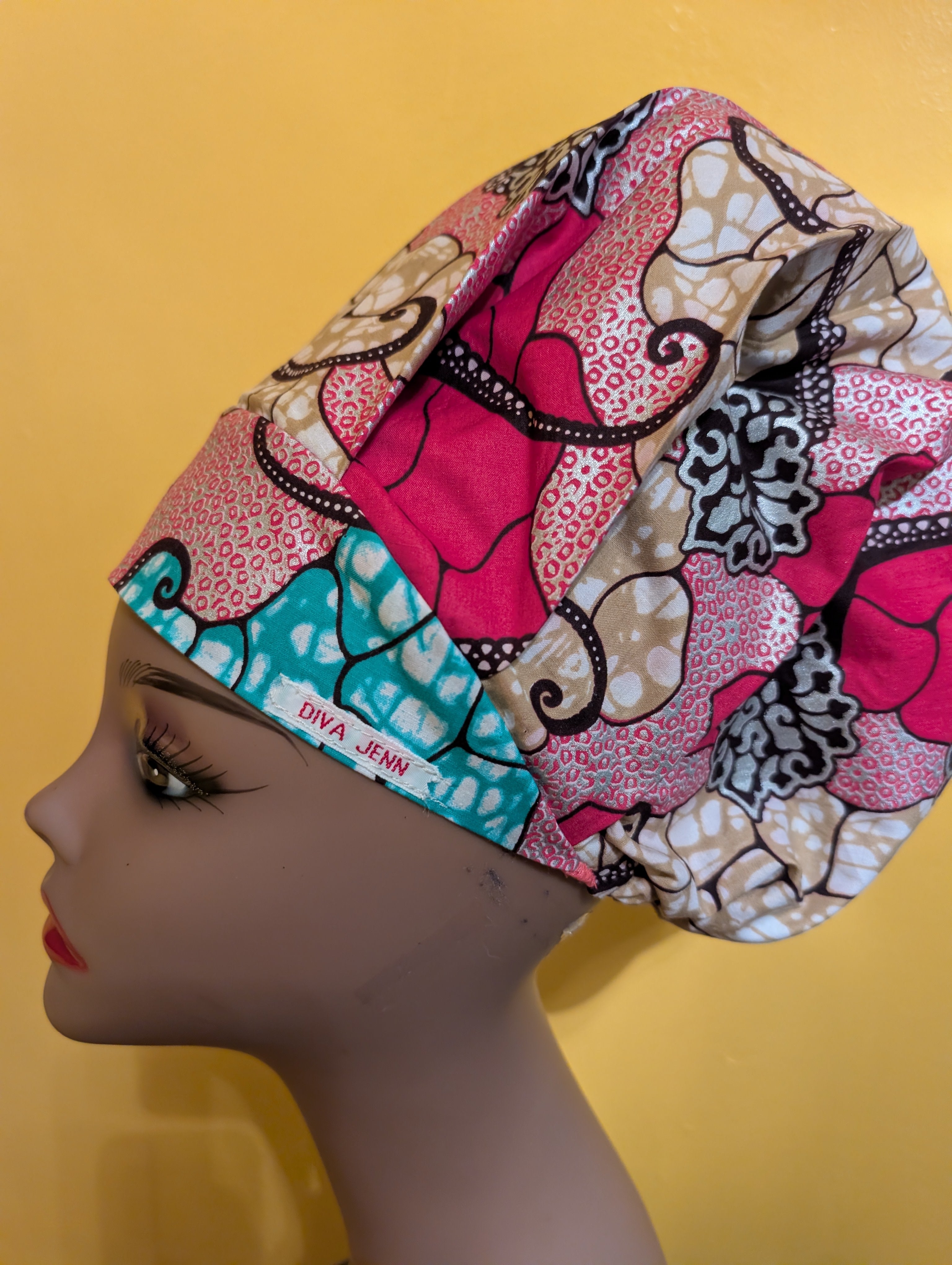 Pink/Teal/White Satin Lined Bouffant Style Hat