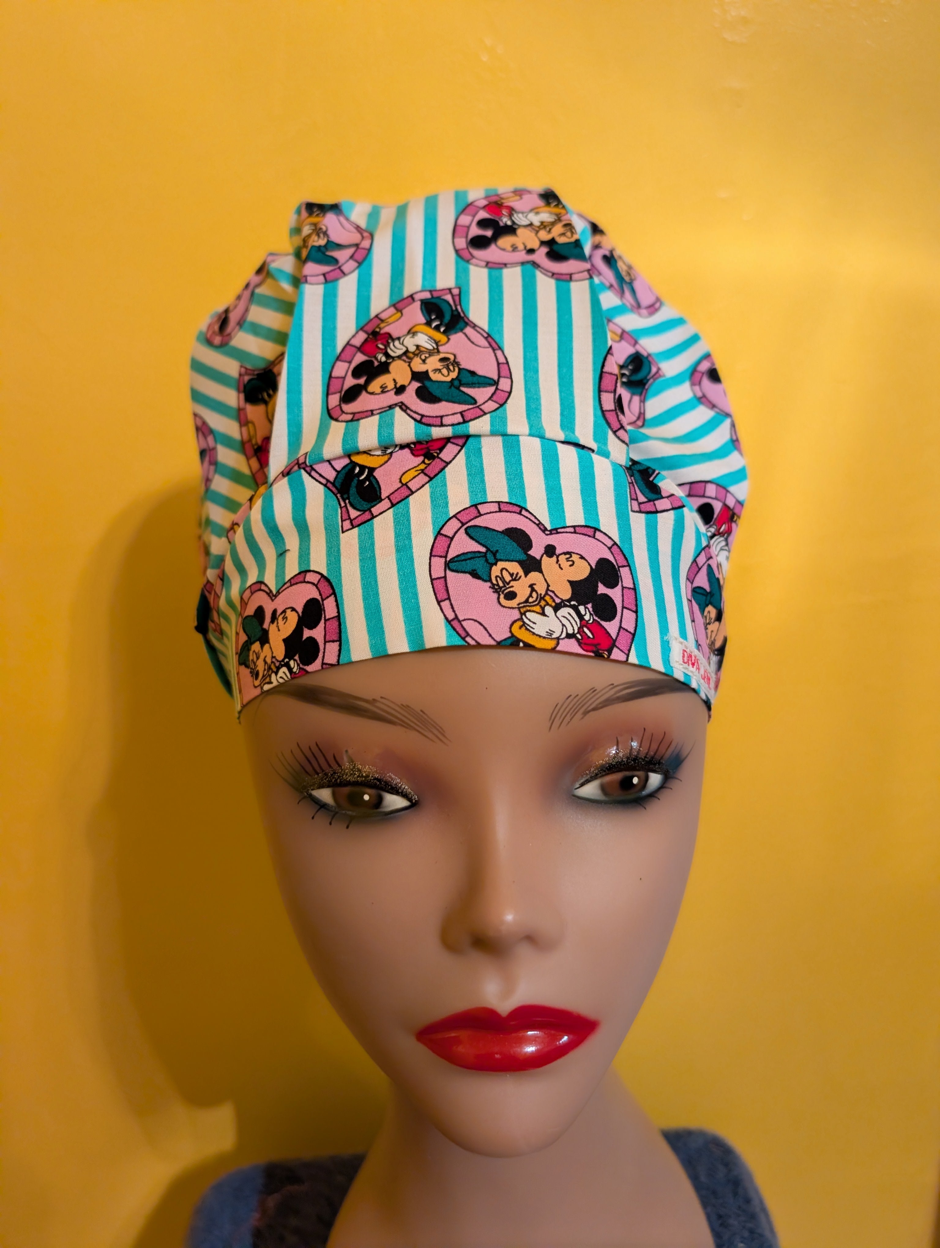 Teal/Purple/White/Black Minnie/Mickey Satin Lined Bouffant Style Hat