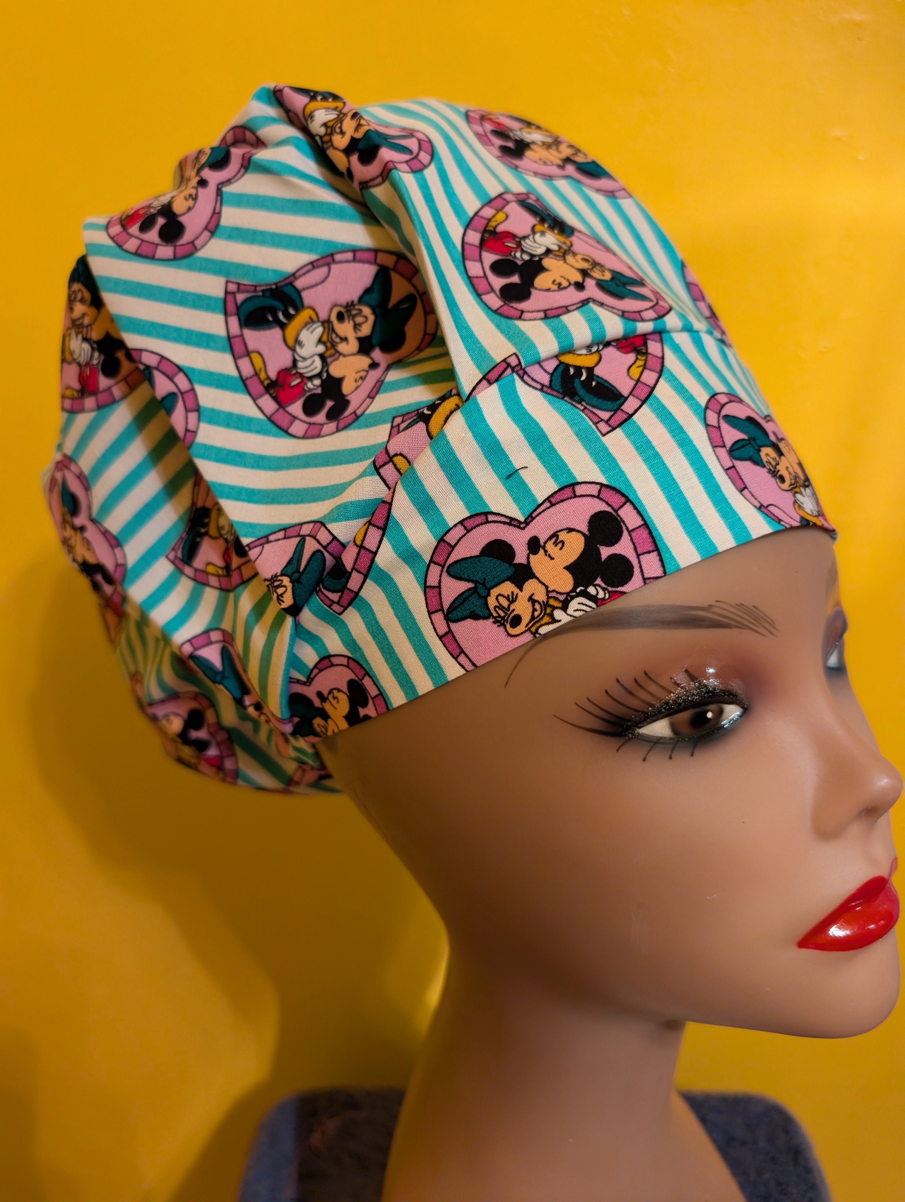Teal/Purple/White/Black Minnie/Mickey Satin Lined Bouffant Style Hat