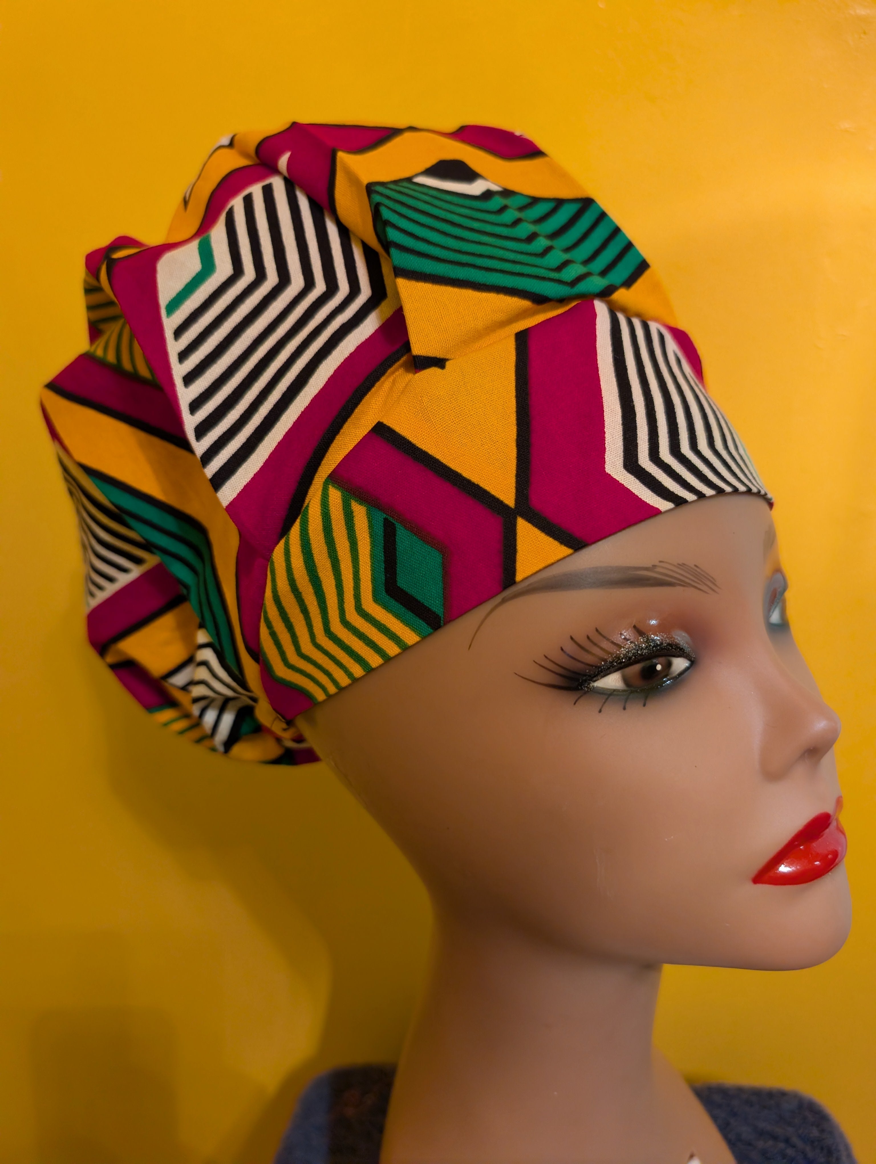 Goldish Yellow/Green/Red/Black Satin Lined Bouffant Style Hat