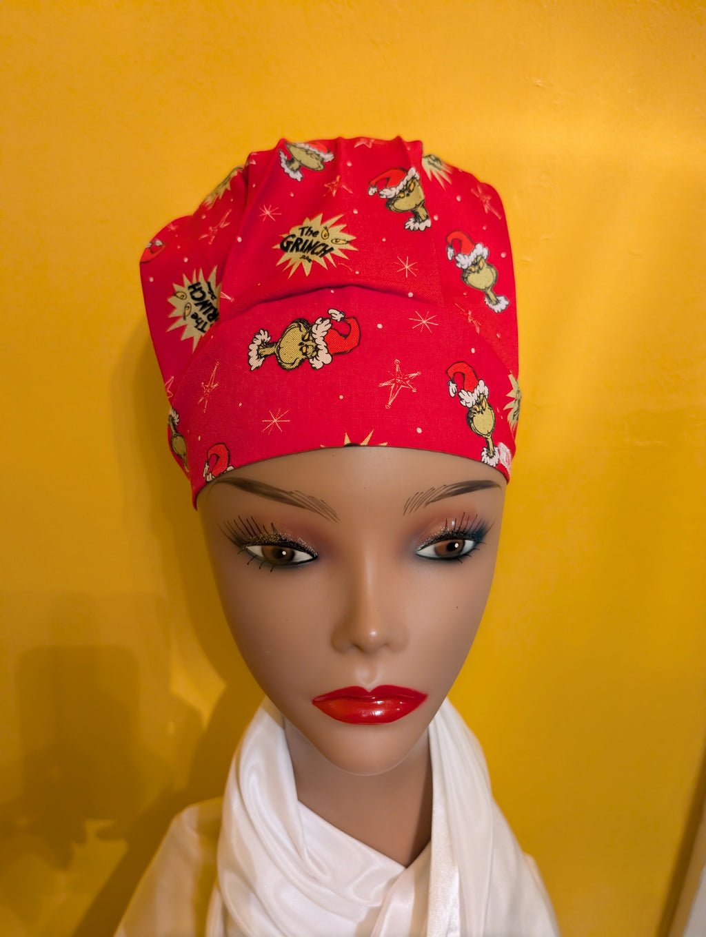 Red Grinch Themed Christmas Satin Lined Bouffant Style Hat