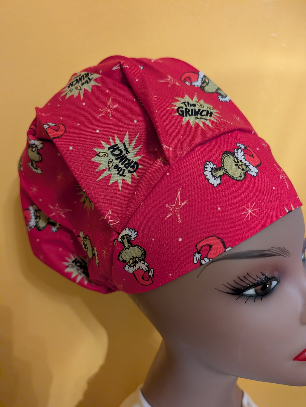 Red Grinch Themed Christmas Satin Lined Bouffant Style Hat