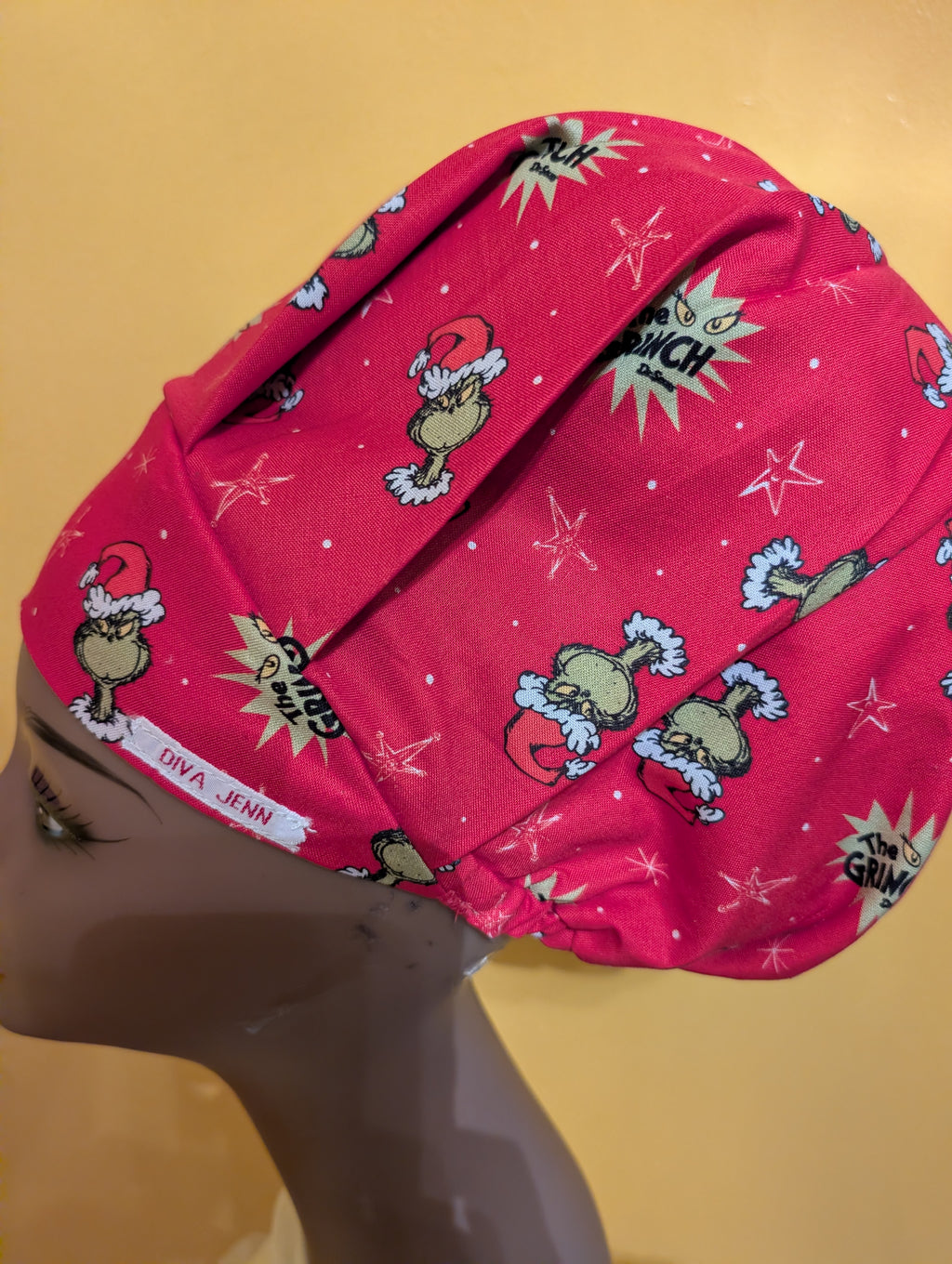Red Grinch Themed Christmas Satin Lined Bouffant Style Hat
