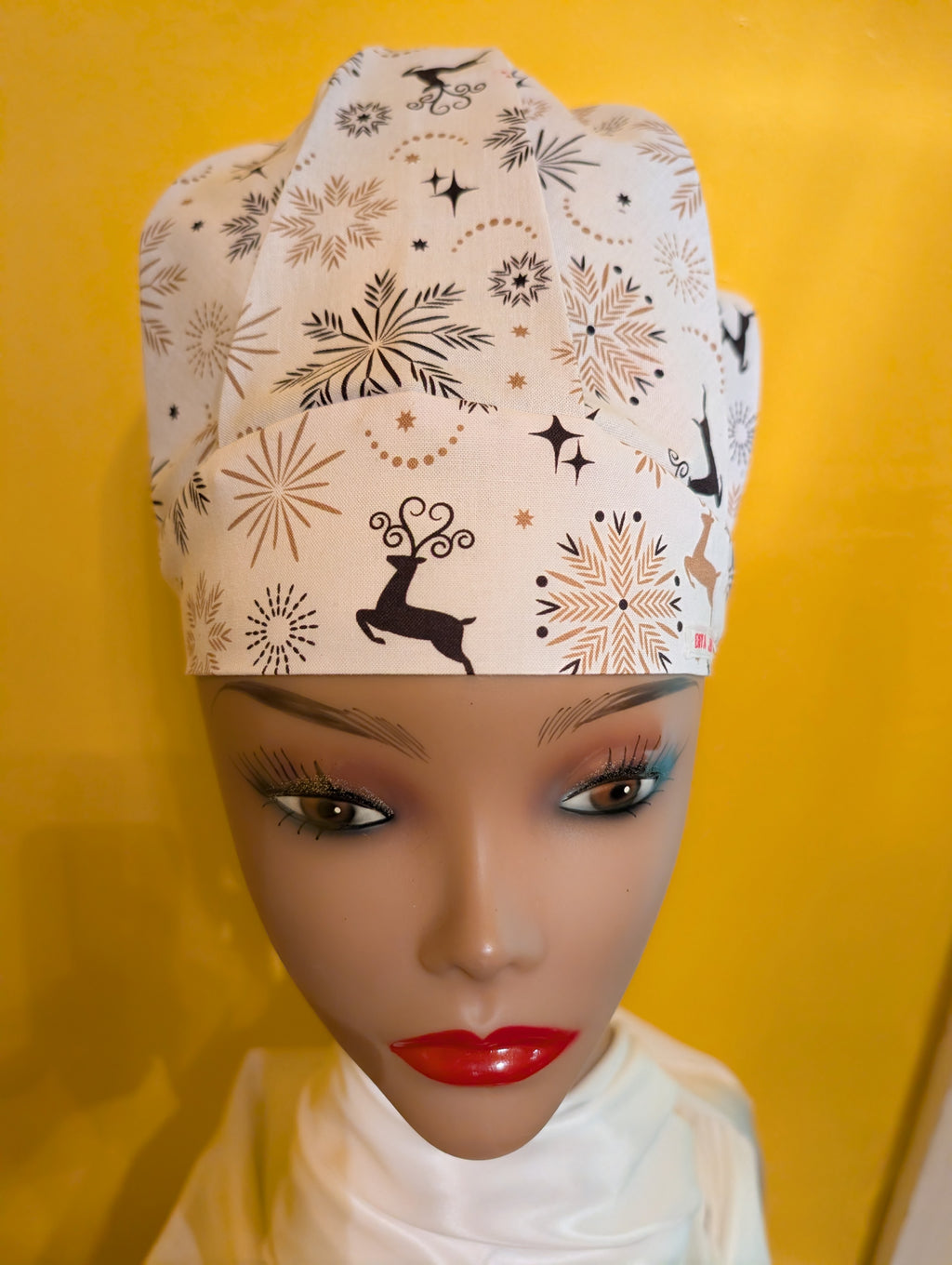 Gold/White Christmas themed Satin Lined Bouffant Style Hat