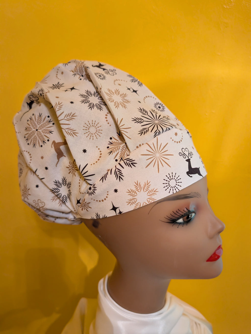 Gold/White Christmas themed Satin Lined Bouffant Style Hat